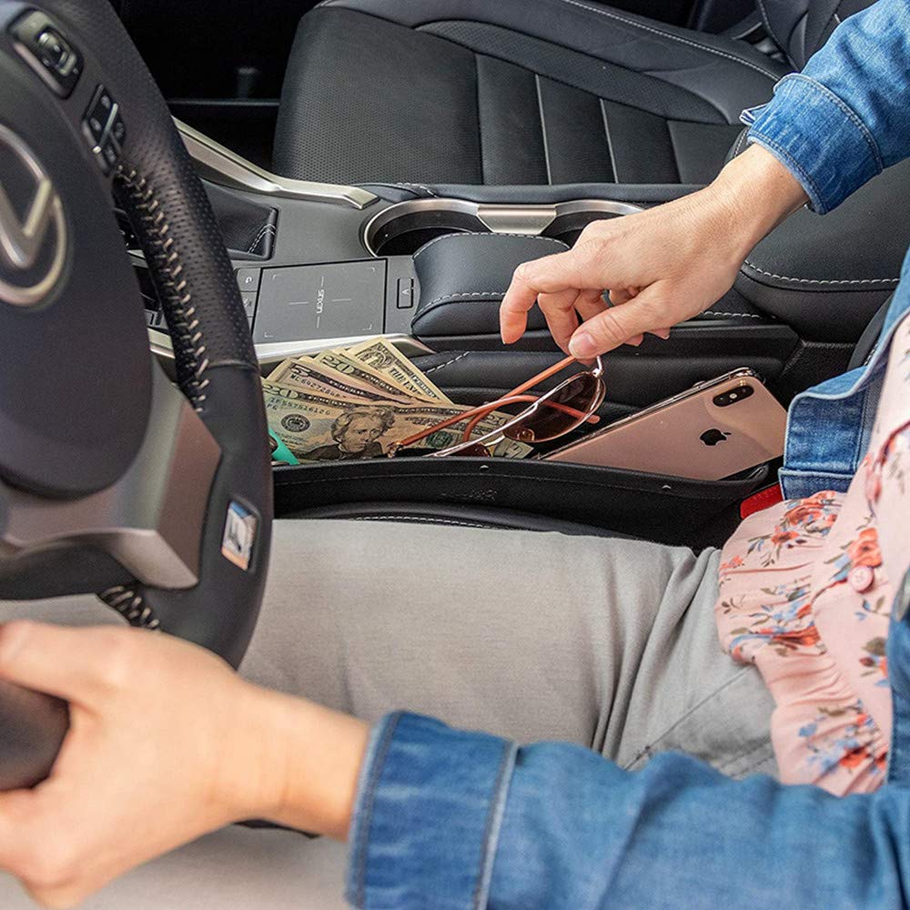 ZC 2-in-1 Car Seat Gap Organizer - Universal Fit Adjustable Storage Pockets for Phone, Keys, Cards & Remote | 2-Pack Car Seat Crevice Storage Box | Reduces Distracted Driving | Perfect for Road Trips, Commuting & Daily Errands