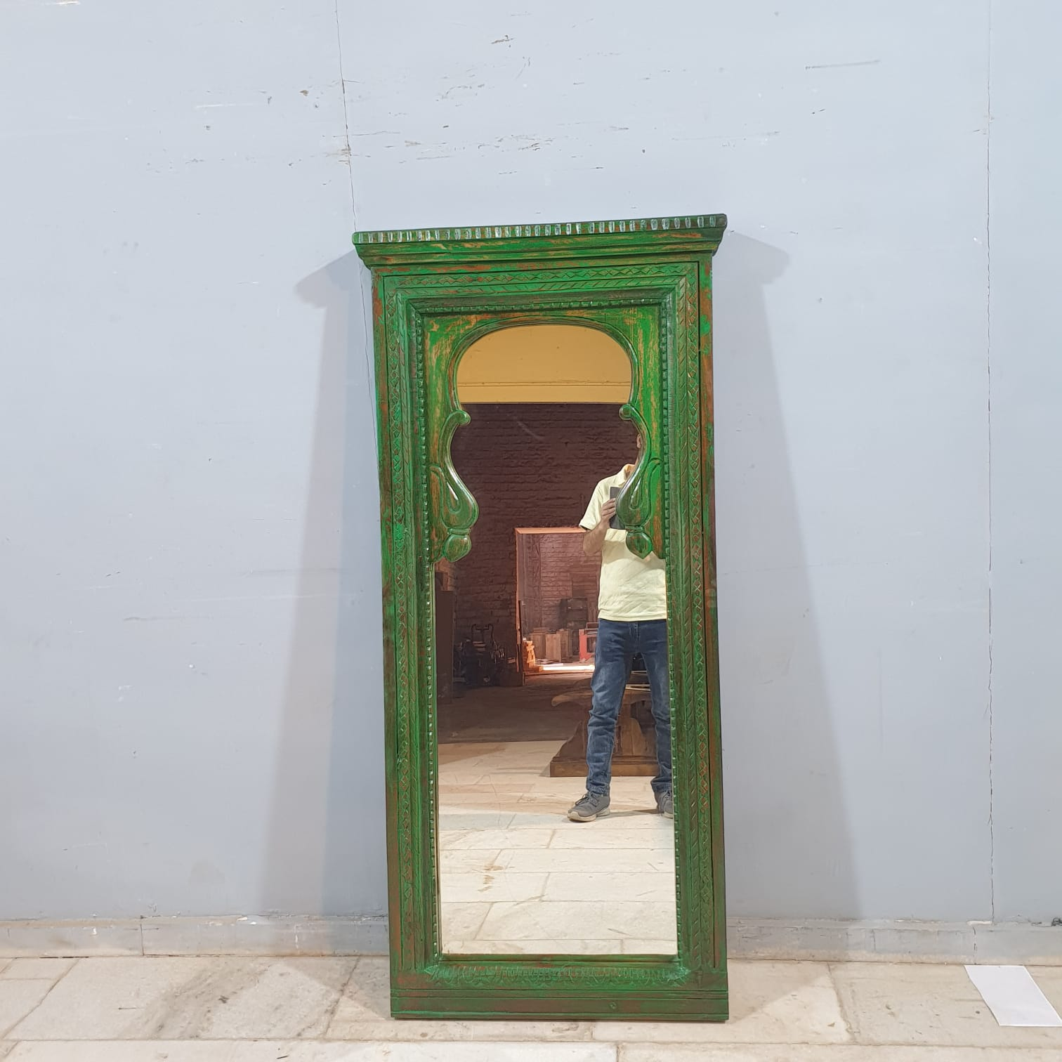 Handmade Indian Wooden Mirror Frame - Rustic Green Carved Design 70x150 cm - Perfect for Boho Home Decor, Living Room & Bedroom Wall Art