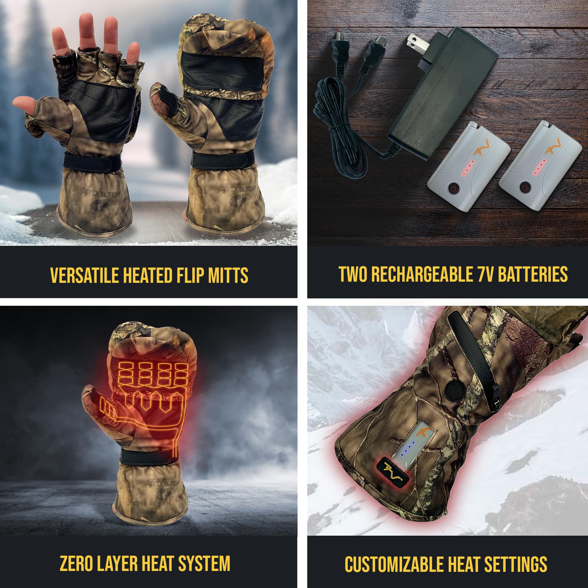 Volt Camouflage Rechargeable Heated Flip Mittens - Battery Powered Hand Warmers - Convertible Fingerless Gloves for Men & Women - Perfect for Skiing, Hiking & Winter Outdoor Activities