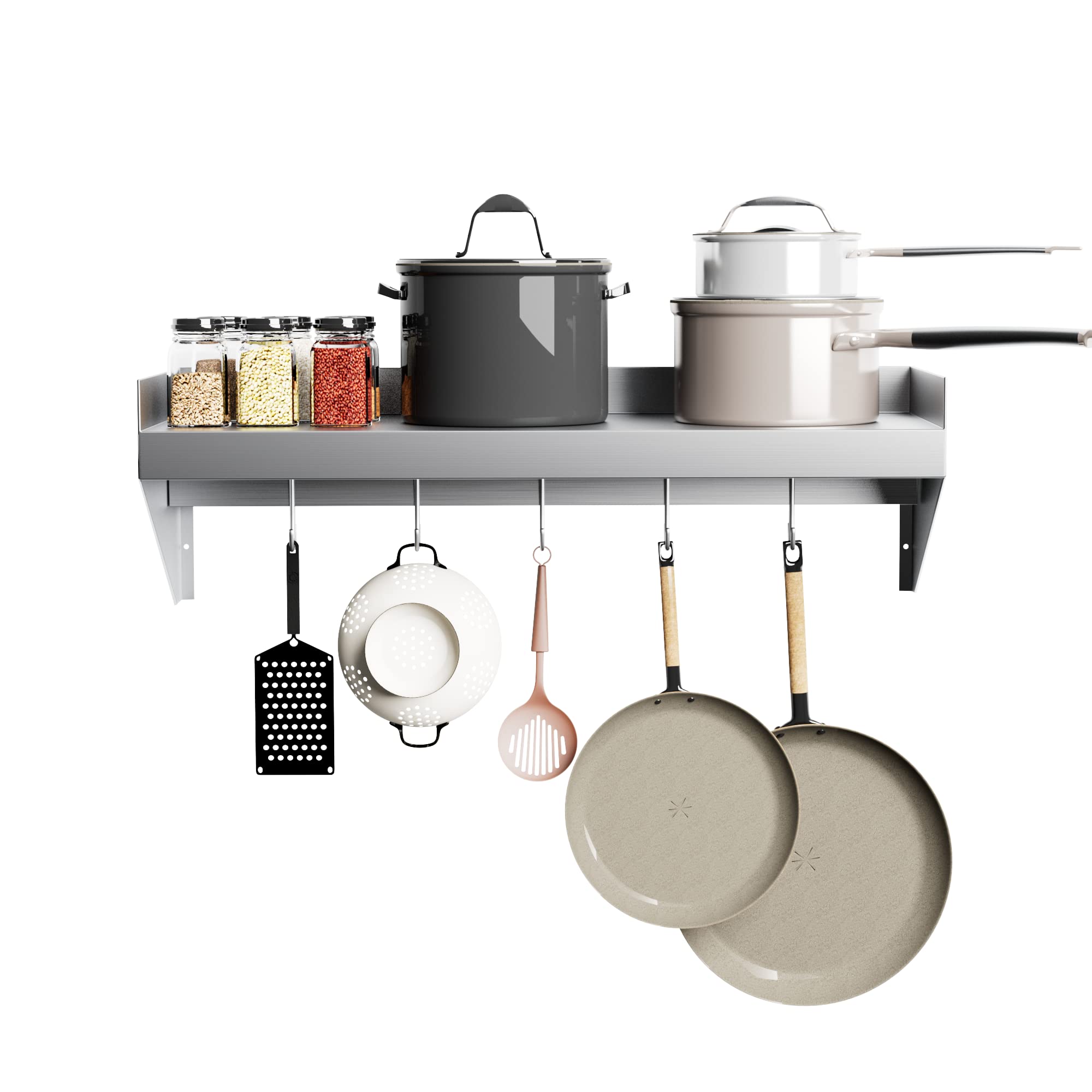 Stainless Steel Wall Shelf 36x14in - Kitchen & Home Floating Shelf with Hooks