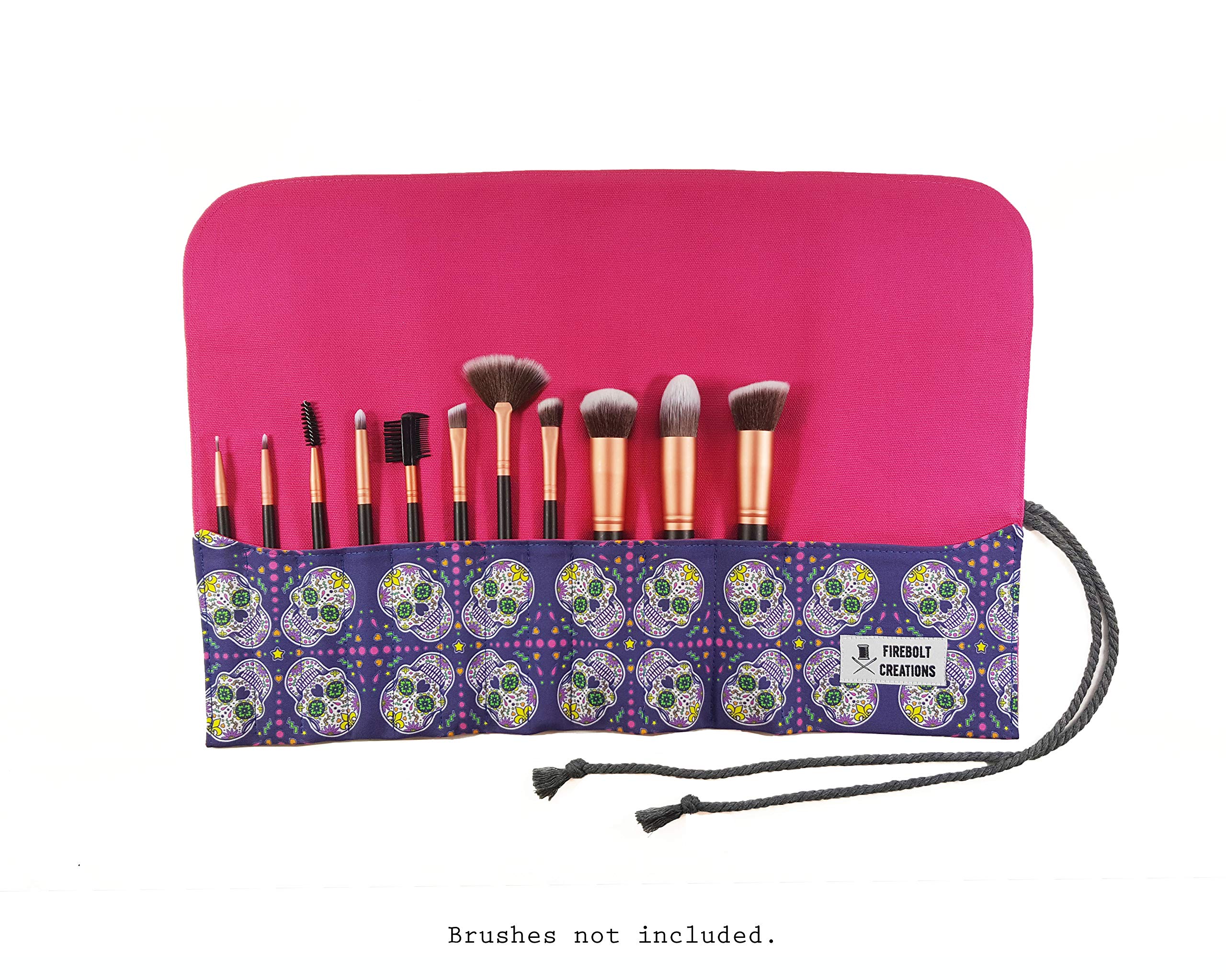 Sugar Skull Makeup Brush Holder Roll - Portable Cosmetic Brush Organizer for Travel & Home Use - Perfect for Halloween, Dia de los Muertos, and Everyday Makeup Storage