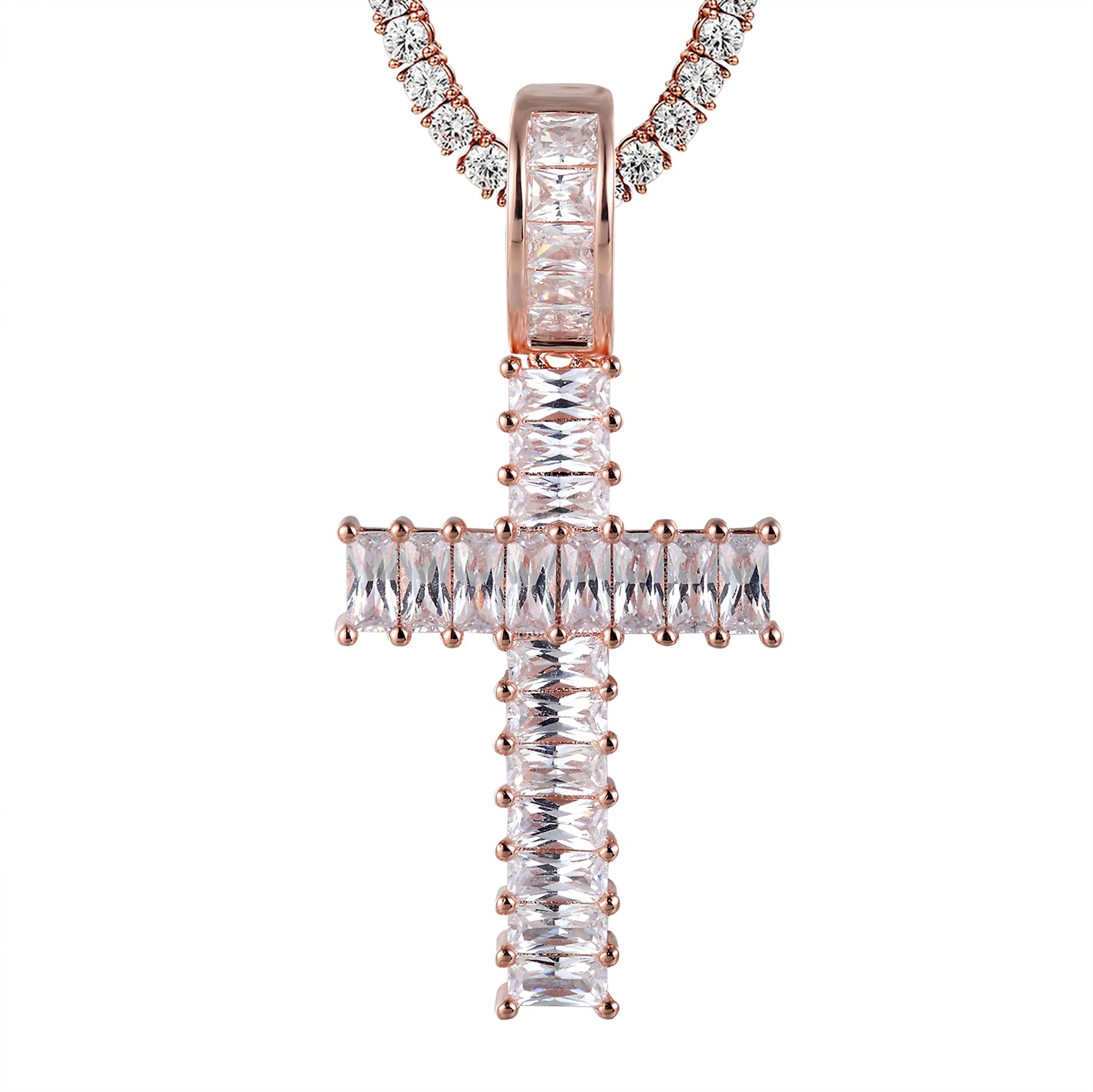 Silver Baguette Bling One Row Tennis Cross Rose Gold Pendant Necklace - Elegant Jewelry for Women, Perfect Gift for Birthday, Anniversary & Special Occasions