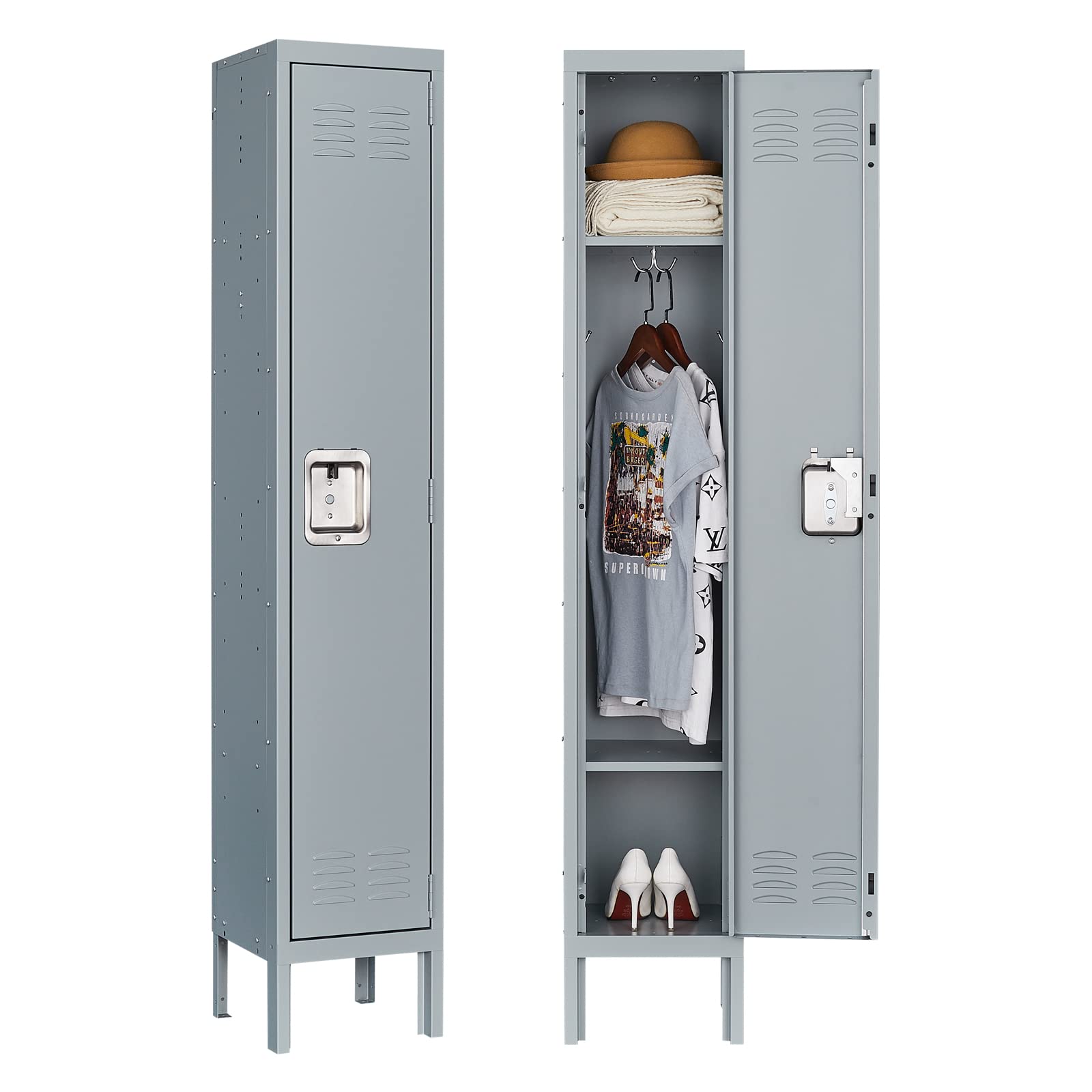 MIIIKO Single Tier Metal Locker Cabinet with Lockable Hasp, Ventilation & Hanging Hooks - Secure Storage for Clothes, Sportswear, Bags & Shoes - Perfect for Gym, School, Office & Home Organization