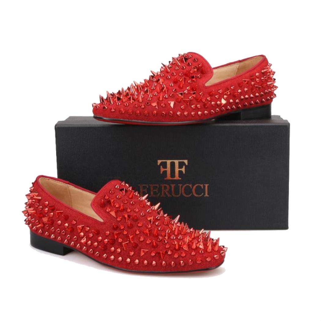 FERUCCI Men's Red Velvet Loafers with Spikes - Comfortable House Slippers for Indoor/Outdoor Wear - Perfect for Lounge, Home, and Casual Occasions