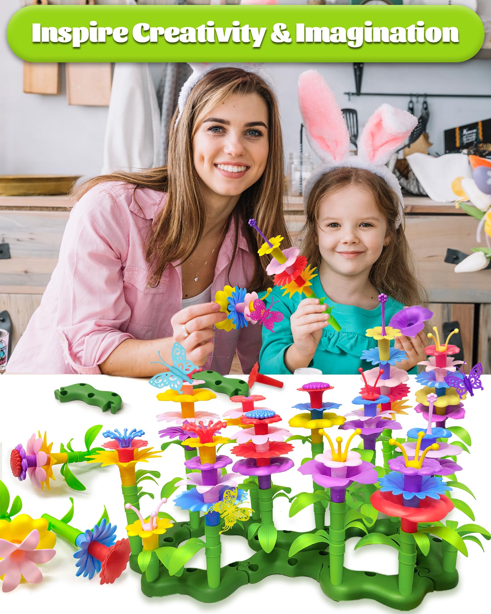Gojmzo 150 PCS Flower Garden Building Toys for Toddlers - STEM Educational Toys for Girls & Boys Ages 2-5 - Perfect Birthday Gift for 2 3 4 5 Year Old Kids - Creative Play for Preschool Learning & Garden Themed Party Favors