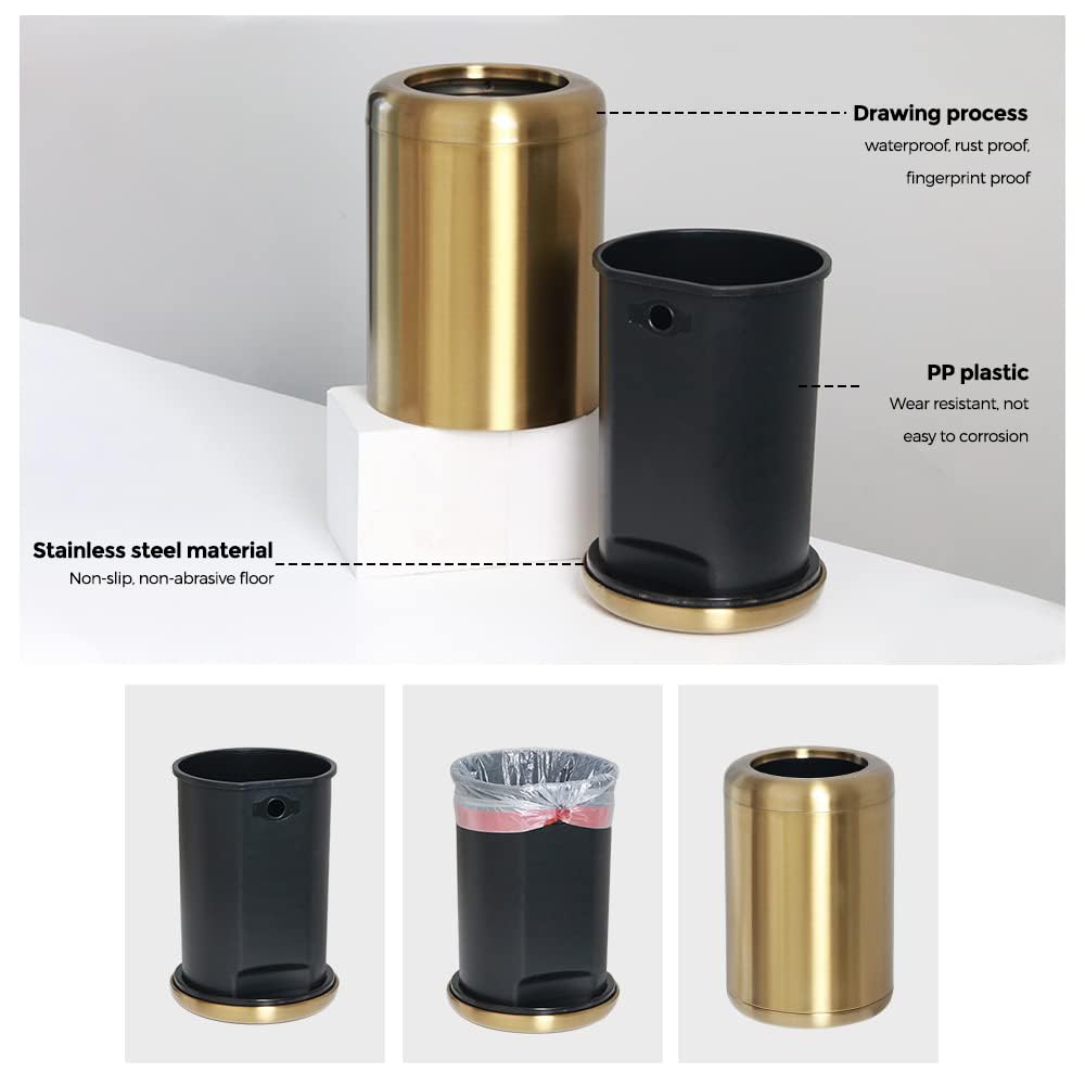 8L/2.1 Gallon Brushed Nickel Gold Trash Can - Small Brass Waste Bin for Bathroom, Powder Room, Bedroom & Office - Elegant Gold Garbage Can for Home & Office Decor (Gold) | Perfect for Bathroom Vanity, Bedside, Desk & Living Room Spaces
