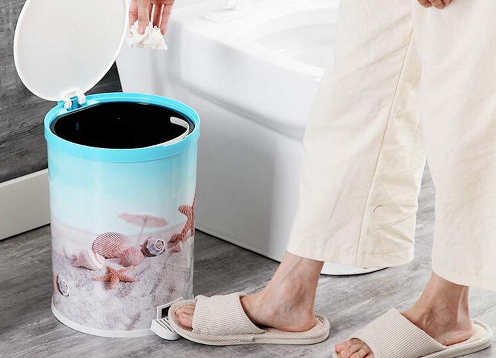Hflove 6.5L/9L Pedal Trash Can with Lid - Creative 3D Pattern Round Garbage Bin for Bathroom, Kitchen & Office - Blue Home Waste Basket (6.5L) - Hands-Free Operation, Odor Control & Space Saving Design