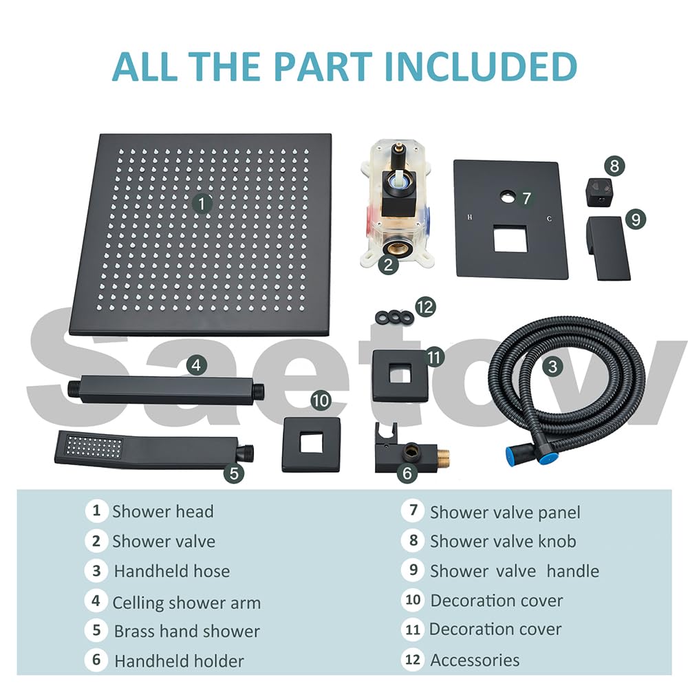 12 Inch Ceiling Mount Shower System with LED Rainfall Shower Head, Rough-in Valve, Body & Trim - Matte Black Finish for Modern Bathroom Renovations | Perfect for Spa-Like Showers and Luxury Home Upgrades