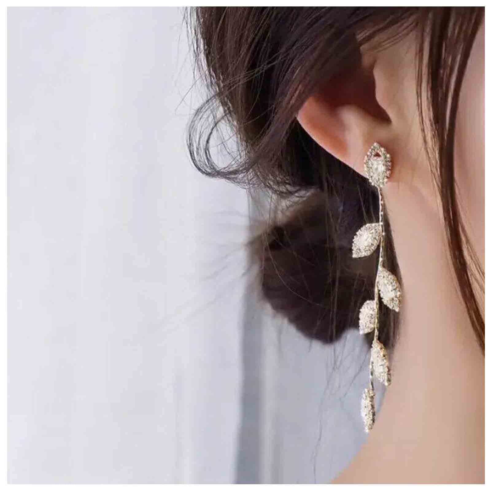 Crystal Leaf Drop Earrings - Gold CZ Tassel Dangle Earrings for Women | Elegant Wedding & Party Jewelry | Perfect for Bridal, Prom, and Special Occasions
