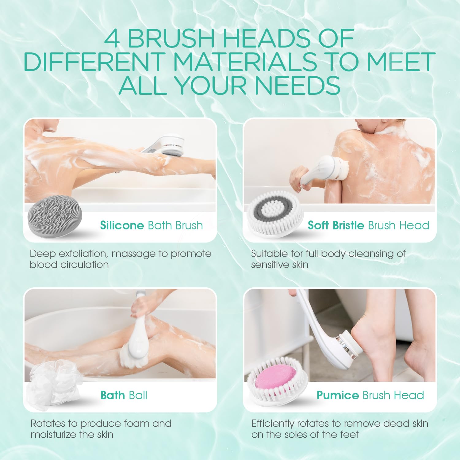 VOYOR Rechargeable Electric Body Brush - Exfoliating Back Scrubber with Long Non-Slip Handle for Deep Cleansing & Massage | Shower, Bath & Spa Use | Waterproof Spin Brush for Smooth Skin (Grey)