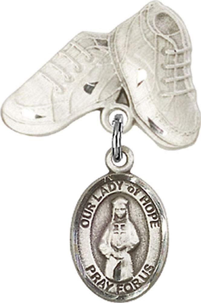 Sterling Silver Baby Badge with Our Lady of Hope Charm & Baby Boots Pin | Religious Jewelry for Christening, Baptism & Newborn Gifts | Handmade in USA