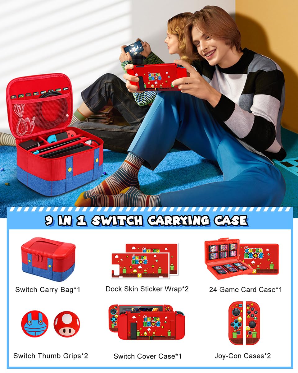9-in-1 Nintendo Switch Travel Case Bundle - Protective Cover, Thumb Grips, Game Card Holder & Dock Sticker Wrap Accessories Storage Bag for Switch 2017 - Perfect for Travel, Gaming Parties & On-the-Go Protection