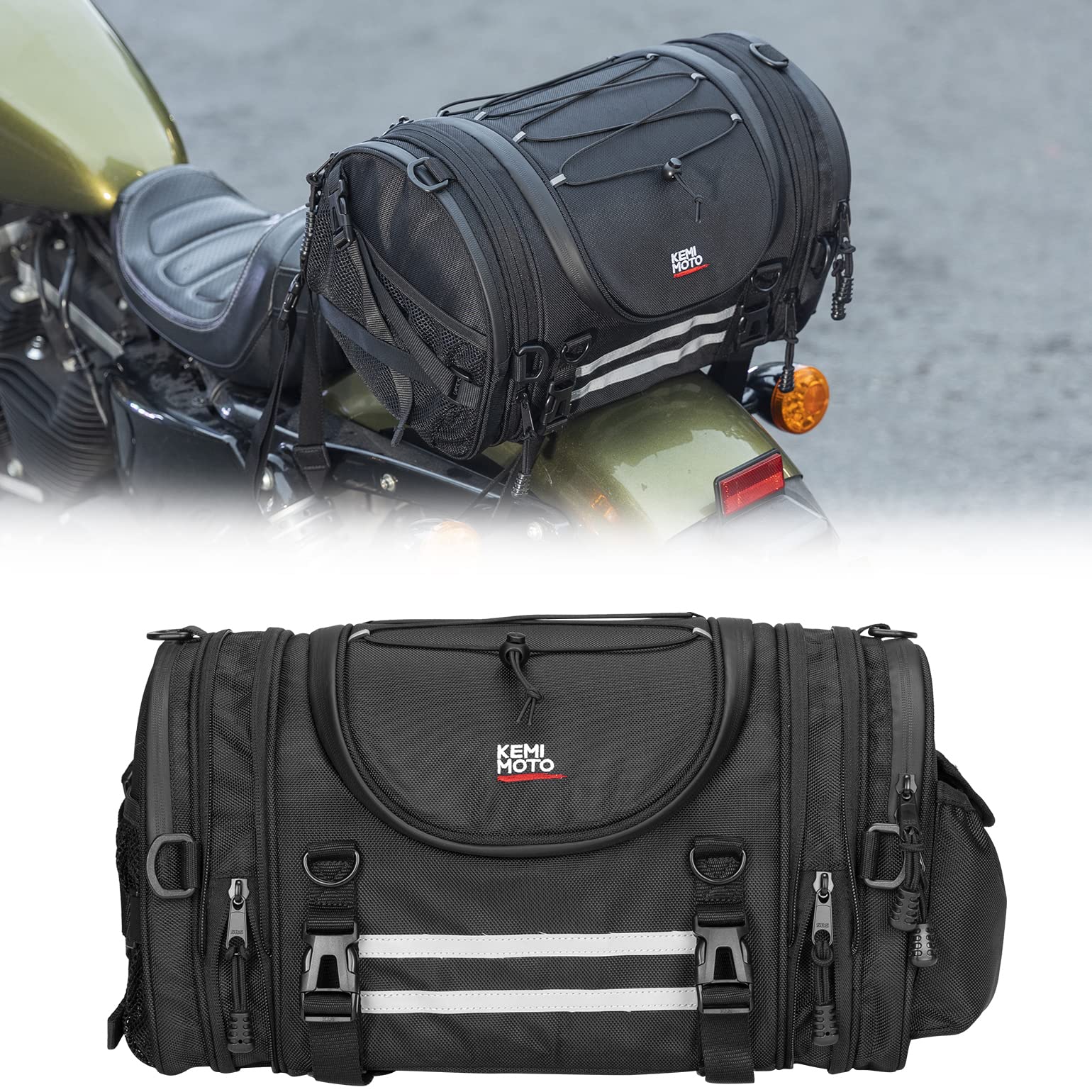 KEMIMOTO 25L Expandable Motorcycle Tail Bag - Waterproof Travel Luggage with 4 Straps for Sissy Bar & Rear Seat Storage | Perfect for Road Trips, Commuting & Helmet Storage