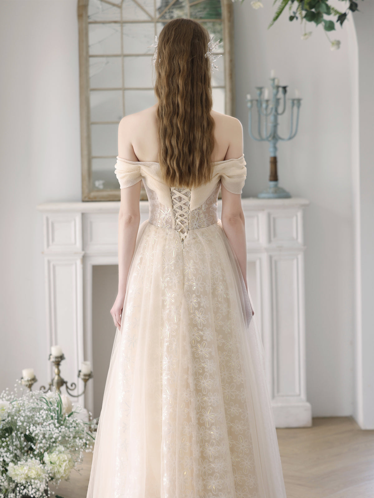 Elegant Champagne A-Line Tulle Lace Long Prom Dress for Women - Formal Evening Gown for Homecoming, Wedding, and Special Occasions