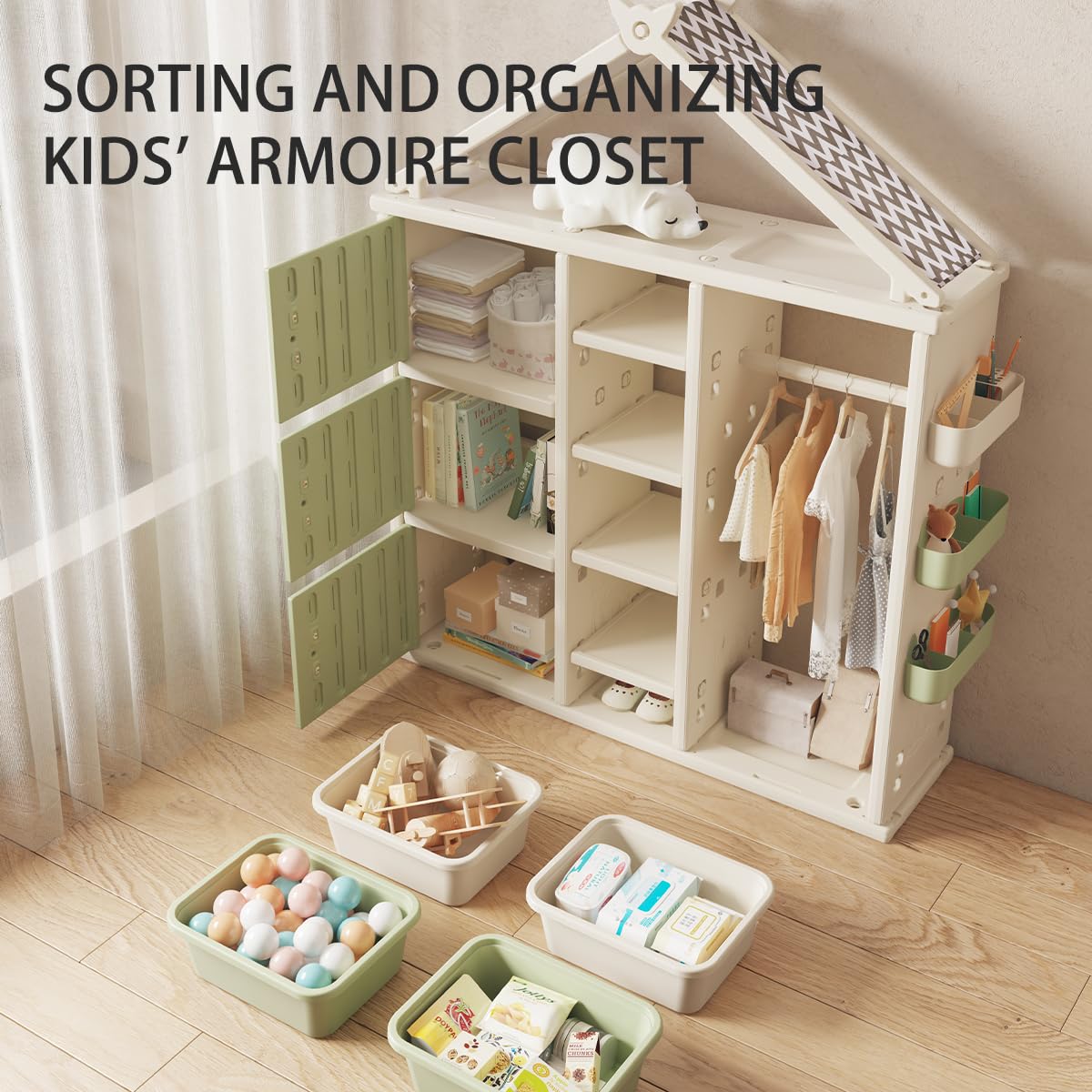 Kids Wardrobe with Hangers & Storage - Closet Organizer for Girls, Boys, Teens & Toddlers - Dress Up Storage & Armoire - Perfect for Bedroom, Playroom & Nursery Organization (Green)