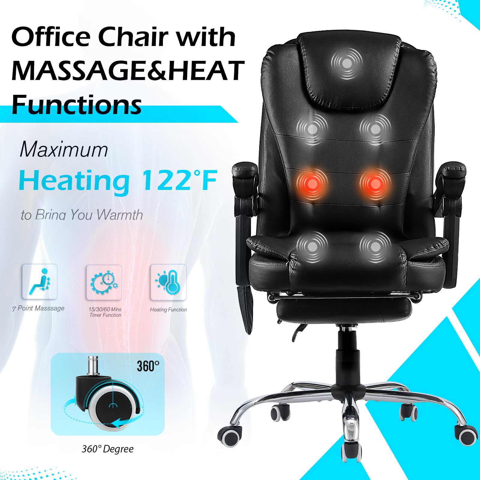 Ergonomic Heated Massage Office Chair with 7-Point Vibration, Adjustable Height & Footrest - Black Leather Computer Desk Chair for Home Office with Lumbar Support - Perfect for Long Work Sessions, Gaming & Relaxation