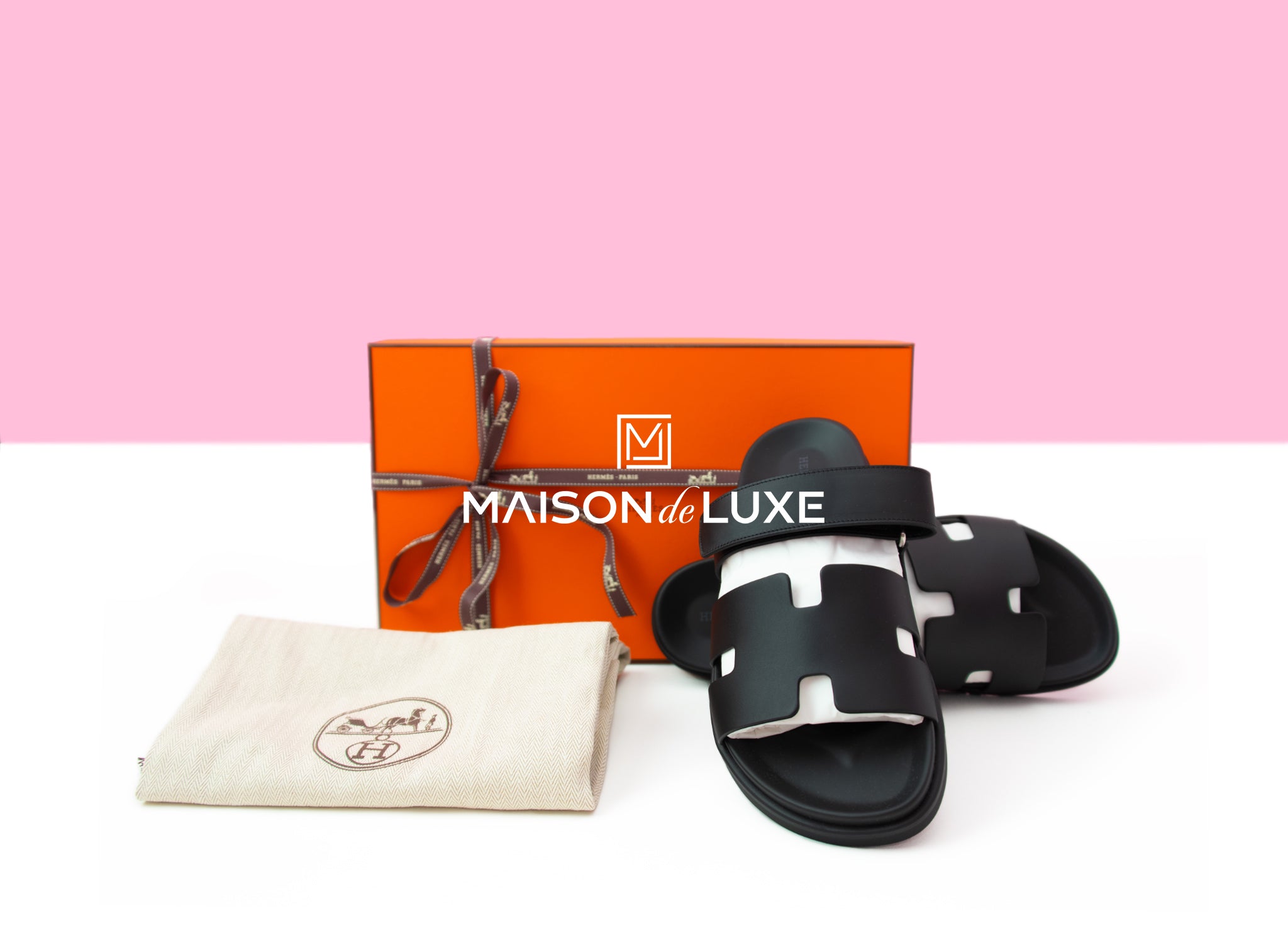 Hermes Men's Black Chypre Sandals Size 43 - Luxury Leather Summer Slides for Casual Wear & Beach Vacation