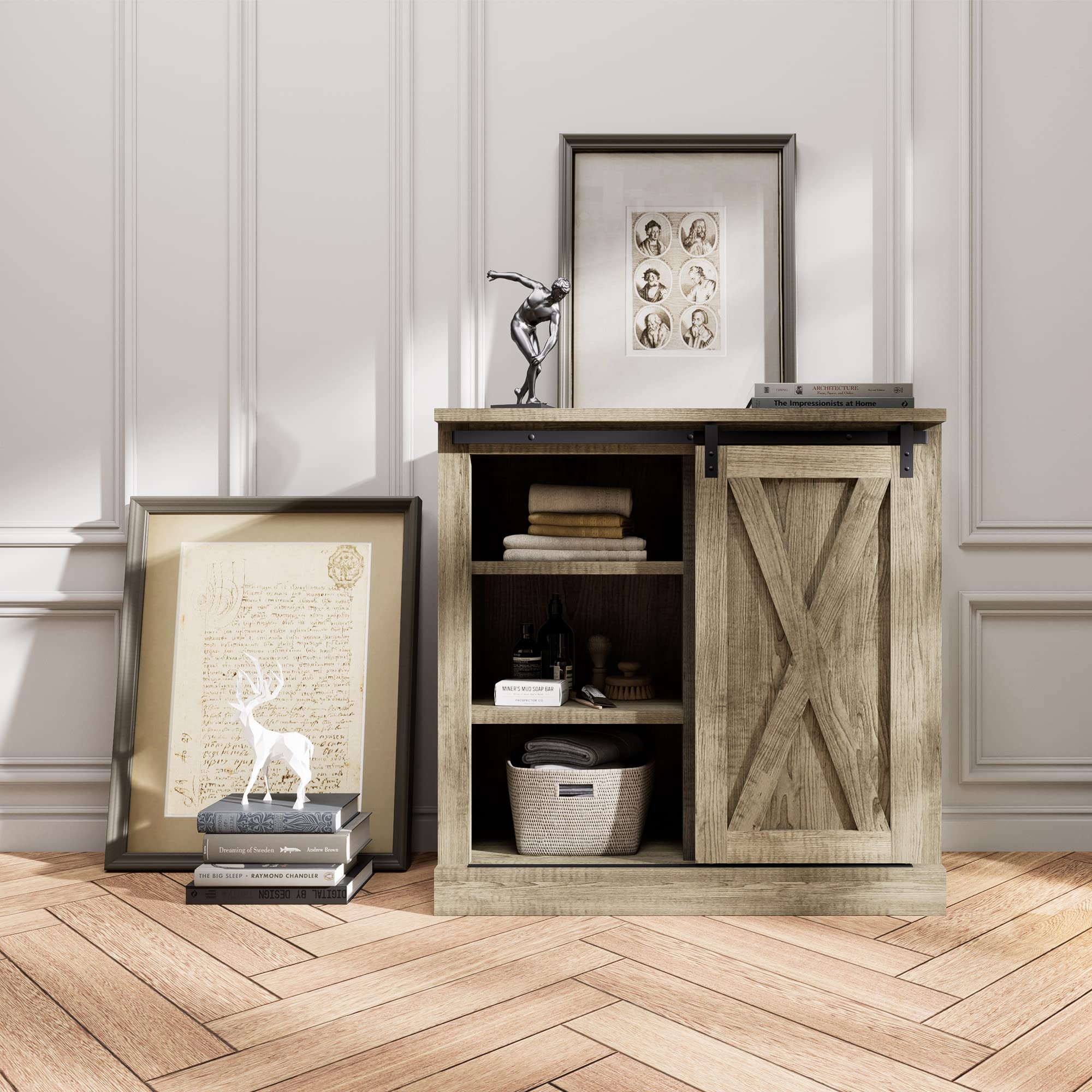 CONSDAN 3-Tier Storage Cabinet with Sliding Barn Door - Modern Kitchen Pantry Organizer, Buffet Sideboard for Dining Room & Living Room Storage - Perfect for Home Organization & Small Space Decor