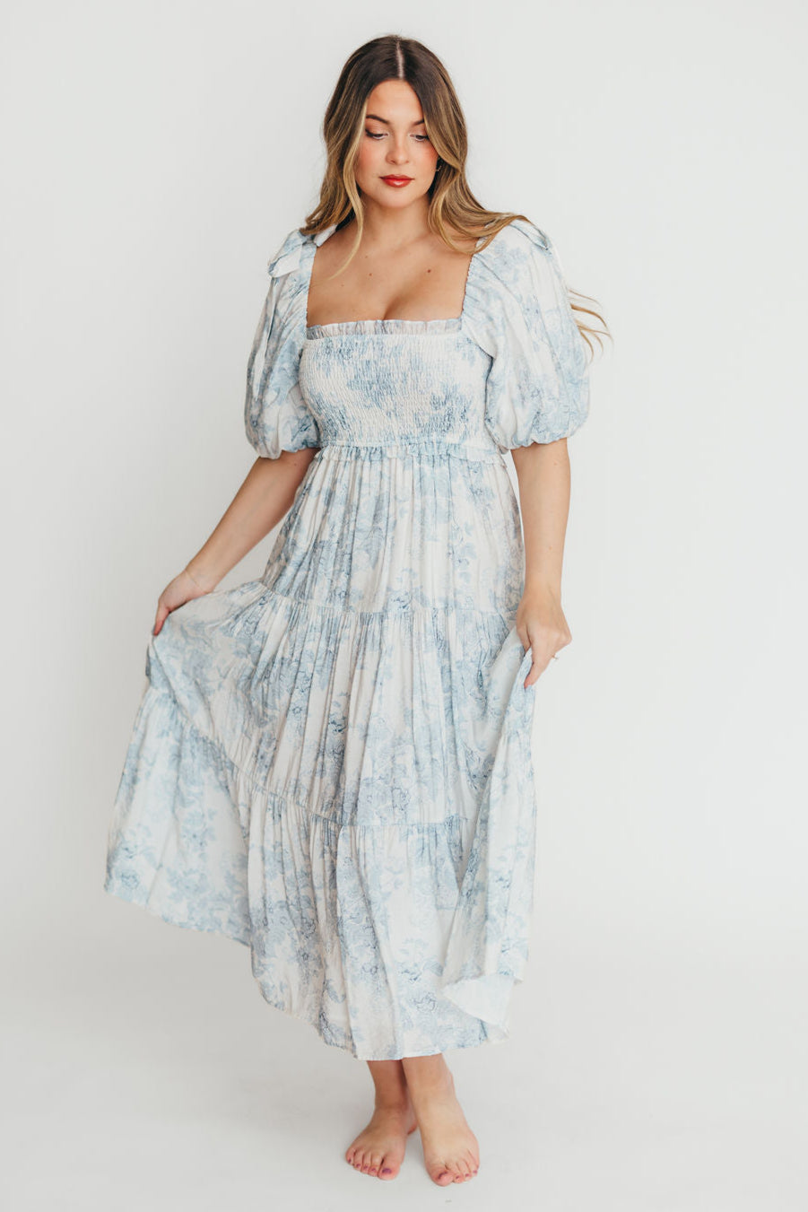 Elena Floral Print Smocked Midi Dress in Blue - Bump Friendly Maternity Dress & Inclusive Sizing for Women - Perfect for Baby Showers, Bridal Events & Summer Weddings