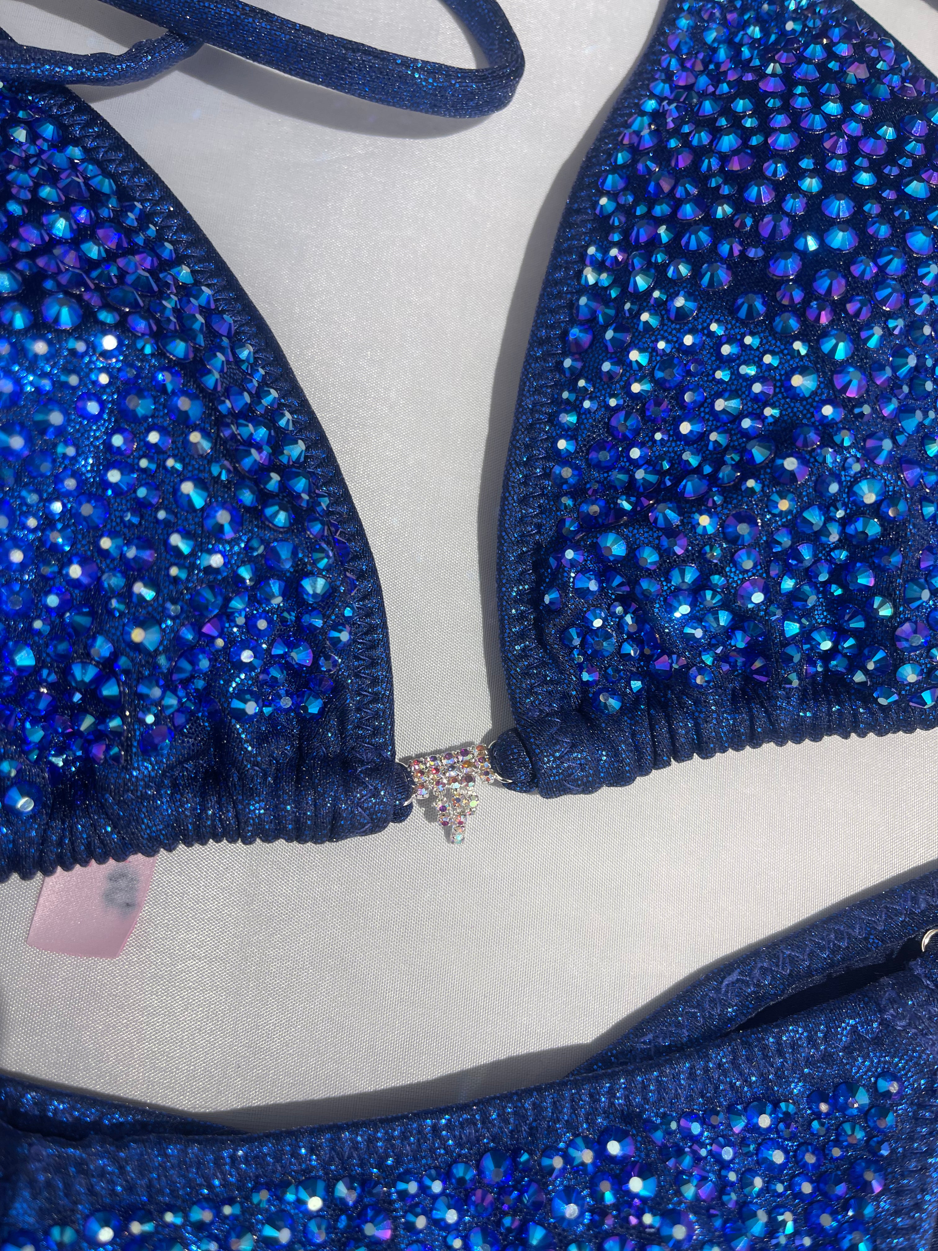 Royal Blue Bikini Competition Suit with Crystal Layers & Colored Stones - High Cut Swimsuit for Bodybuilding, Fitness Shows & Beachwear