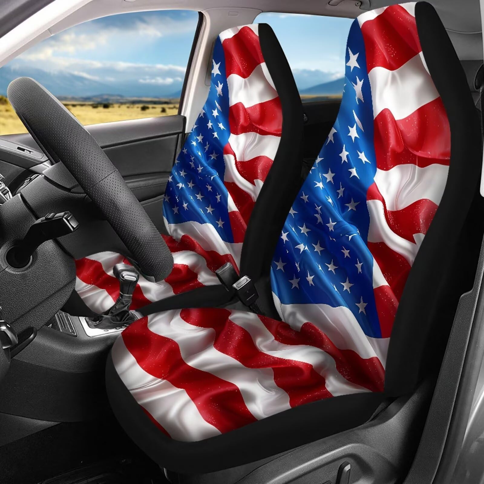 SEANATIVE 3D American Flag Car Seat Covers - Universal Anti-Slip Driver & Rear Bench Seat Protector with Rainbow Stripe Design for Women & Men - Fits Most Cars - Perfect for Road Trips, Daily Commute & Patriotic Decor