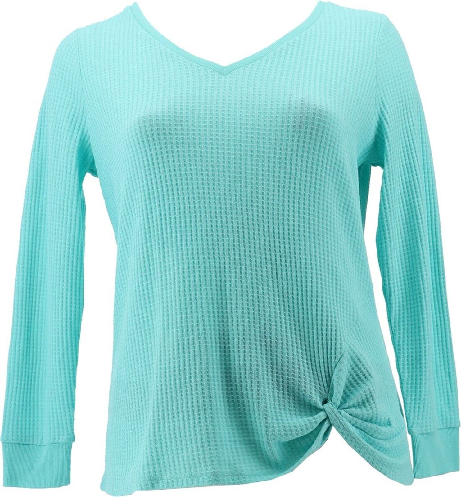 Belle Kim Gravel Waffle Knit V-Neck Twist Hem Top - Light Aqua - XS - Women's Casual Loungewear for Spring & Summer