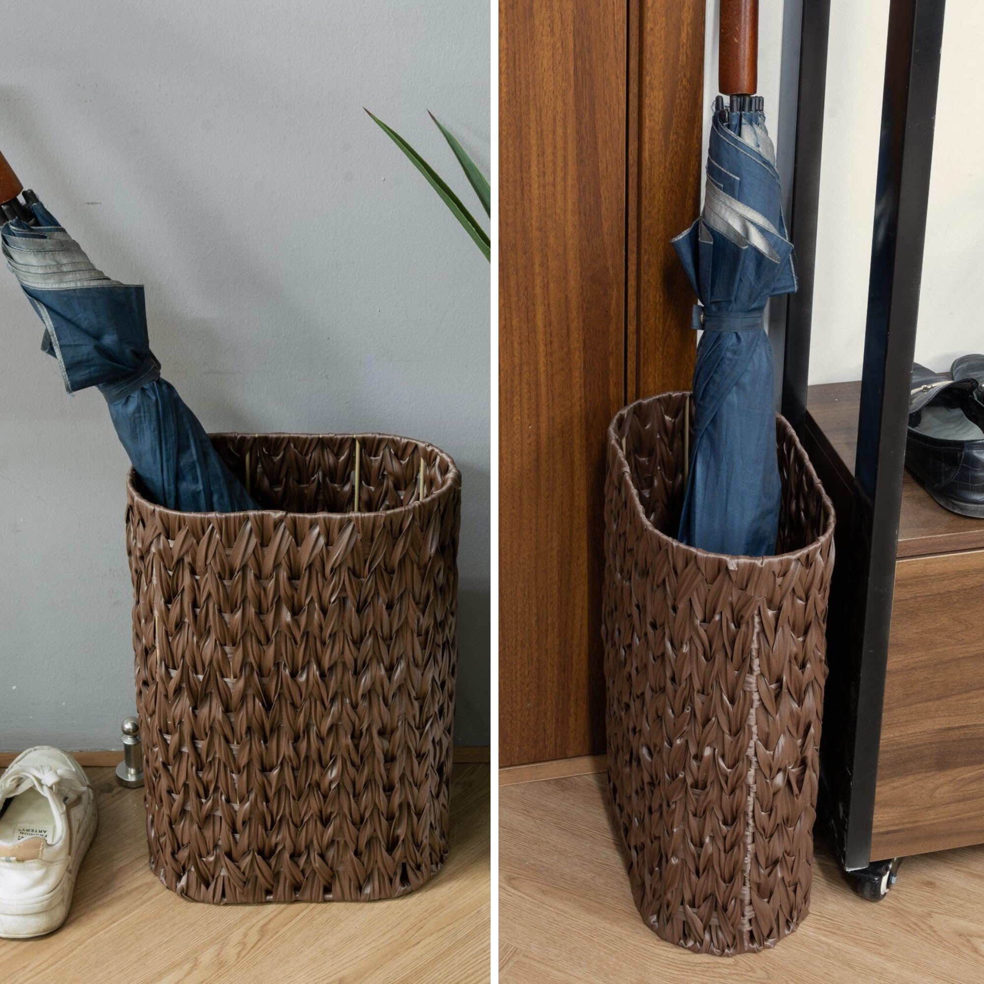Stylish Wicker Umbrella Stand - 6.7x17.3 Inch Tall Narrow Umbrella Storage Bin for Entryway, Indoor Faux Rattan Cane Holder Basket (Brown) - Perfect for Home, Office & Restaurant Organization