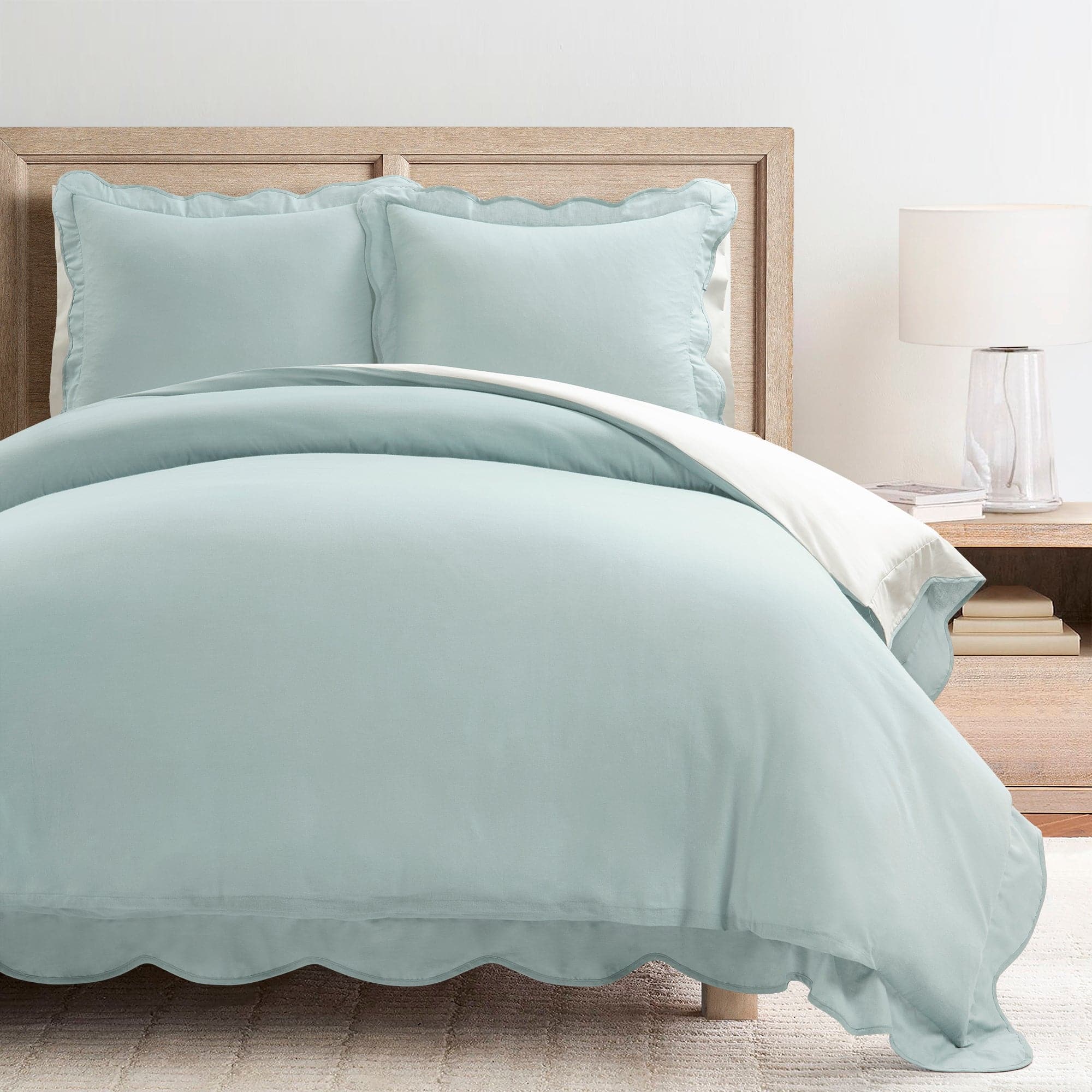 Coastal Chic Scalloped Edge 100% Cotton Reversible Duvet Cover Set - Breathable Soft Bedding for Beach House & Boho Bedroom Decor