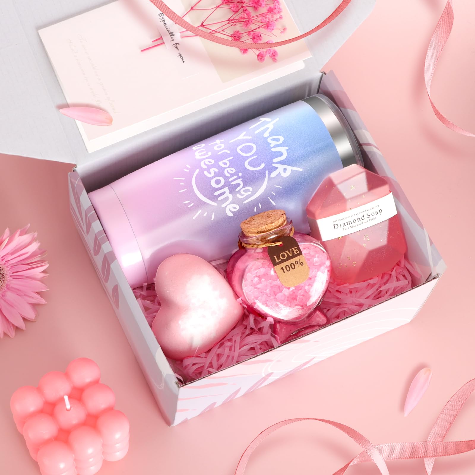 Luxury Pink Rose Spa Gift Basket Set - Unique Birthday Gifts for Women, Perfect Present for Mom, Wife, Sister & Girlfriend | Thank You Gifts for Her | Relaxation & Self-Care Gift Idea