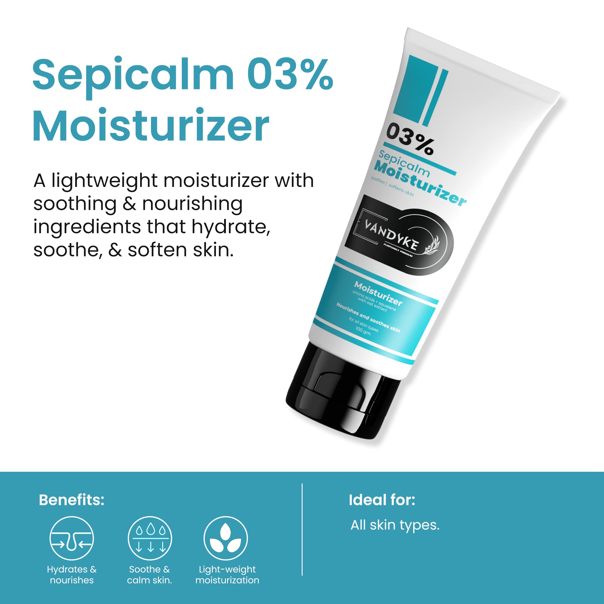 Vandyke 3% Sepicalm Oat Extract Face Moisturizer for Oily & Sensitive Skin - Fragrance Free, 100ml - Hydrating Daily Cream for Acne Prone & Redness Relief - Perfect for Morning & Night Skincare Routine