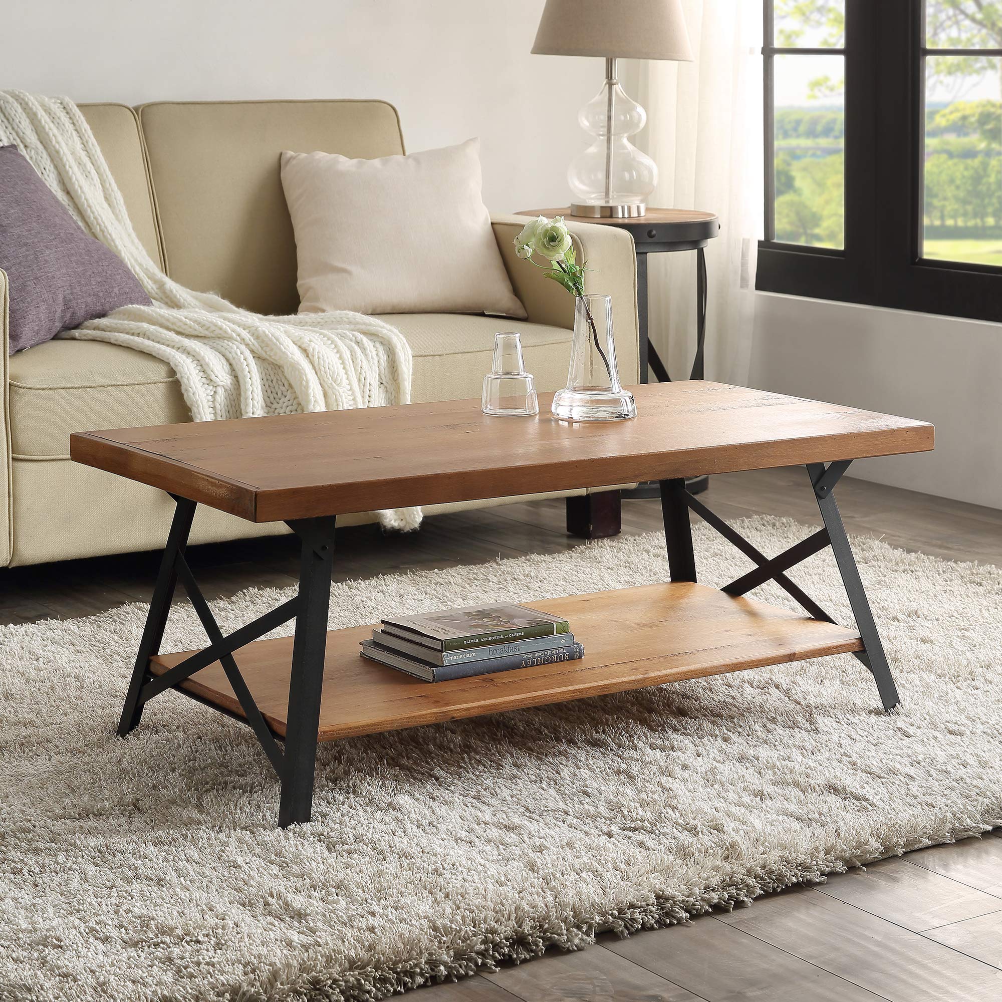 Rustic Solid Pine Wood Coffee Table with Storage Shelf - Small Farmhouse Living Room Centerpiece for Cozy Home Decor