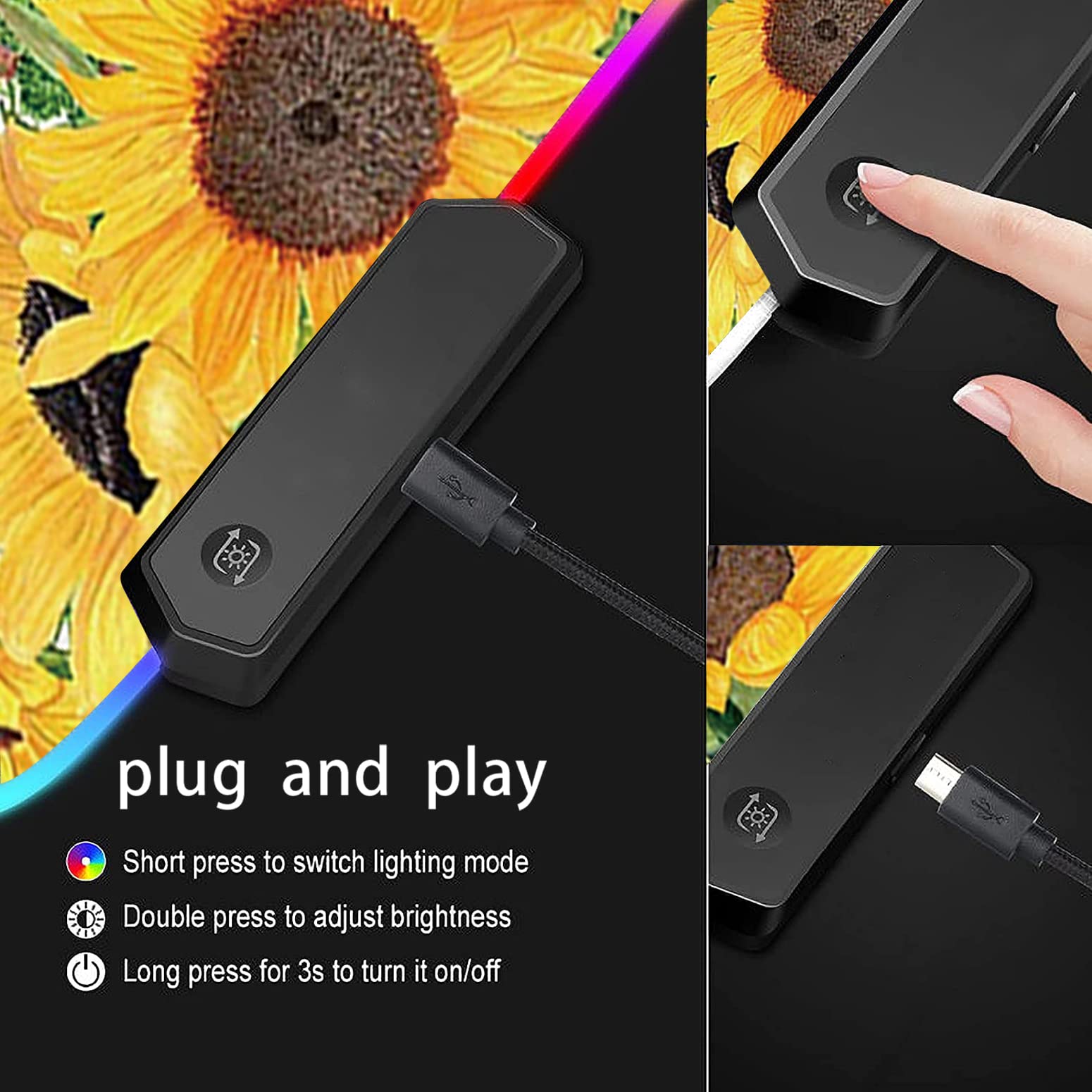 RGB Gaming Mouse Pad - Large LED Light-Up Desk Mat with Non-Slip Base | Waterproof Optical Surface for PC Gaming | Perfect for Gamers & Office Work | Sunflower & Cow Animal Designs