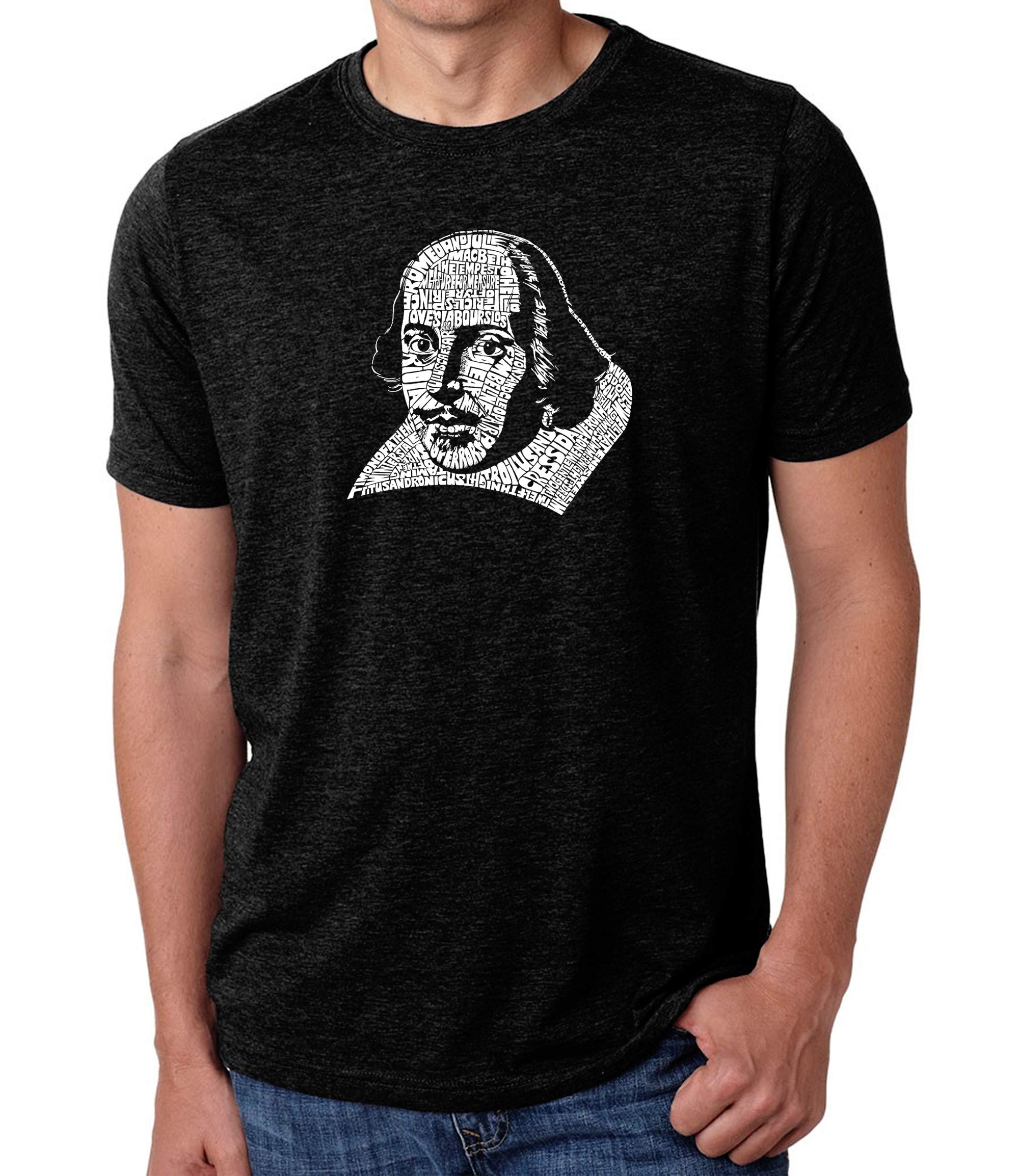 LA POP ART Men's Premium Blend Word Art T-Shirt - Featuring All William Shakespeare's Comedies & Tragedies | Soft Cotton Graphic Tee for Literature Lovers | Perfect for Theater Performances, Book Clubs & Shakespeare Festivals