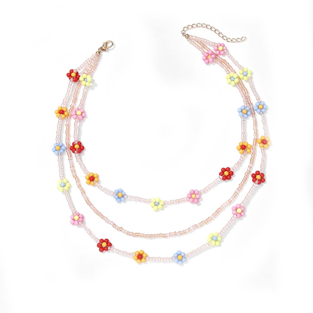 Boho Beaded Layered Necklace for Women - Colorful Flower Pendant Chain Jewelry (Silver, Gold) | Free Size | Perfect for Summer Festivals, Beach Vacations & Boho Fashion