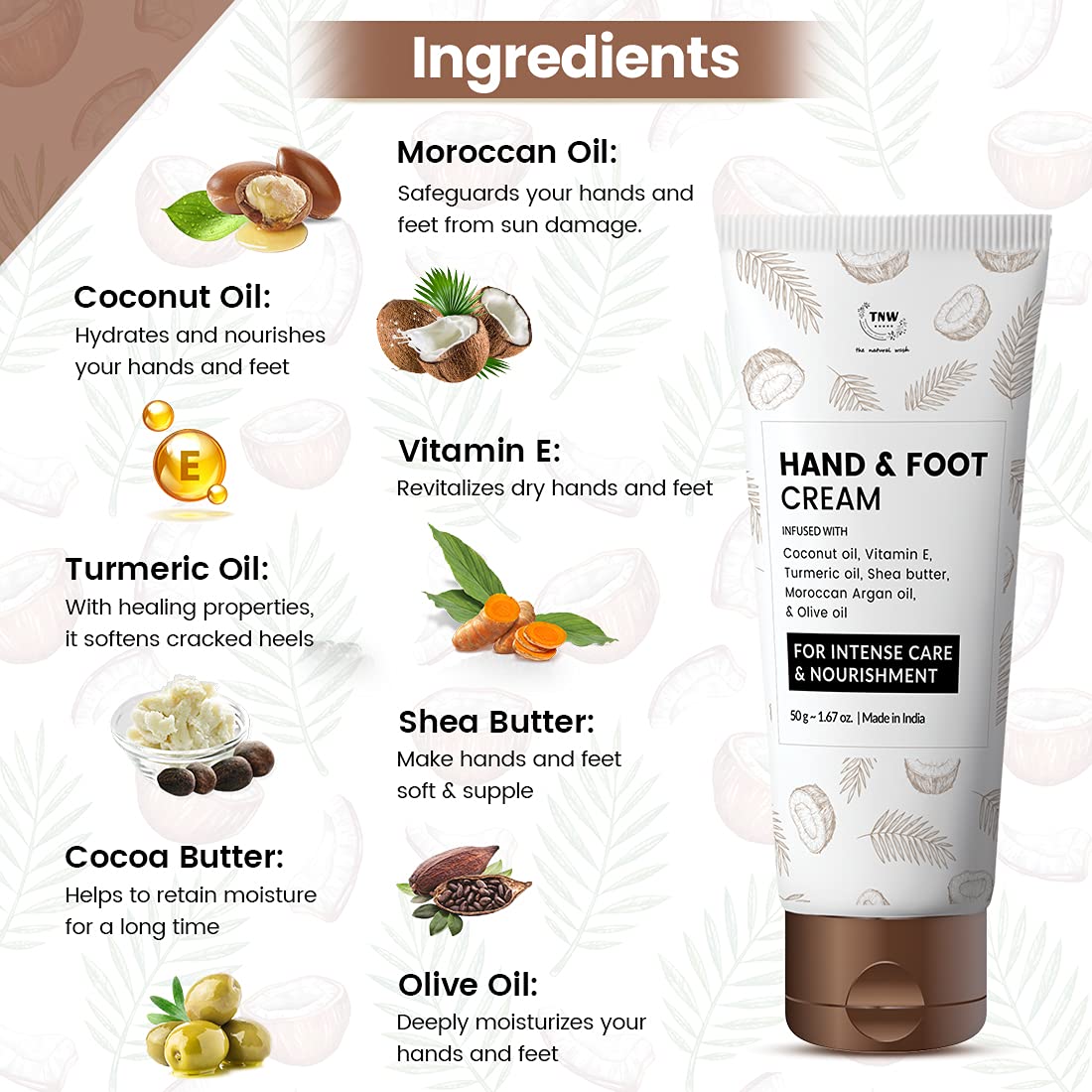 TNW THE NATURAL WASH Hand & Foot Cream - 50gm | Vitamin E, Shea Butter & Coconut Oil Enriched Moisturizer | Paraben & Silicone Free | Heals Cracked Skin, Nourishes Dry Hands & Feet | Perfect for Winter Care, Gardening & Post-Manicure Hydration