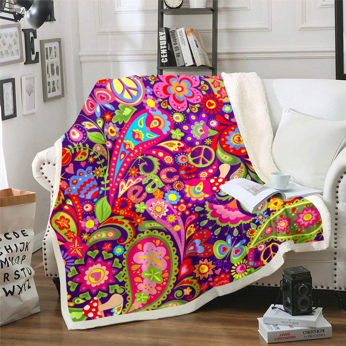 Erosebridal Mandala Plush Blanket - Queen Size Soft Sherpa Throw with Paisley Boho Floral Design, Colorful Batik & Hippie Style for Cozy Warmth | Perfect for Bed, Couch, Sofa & Home Decor