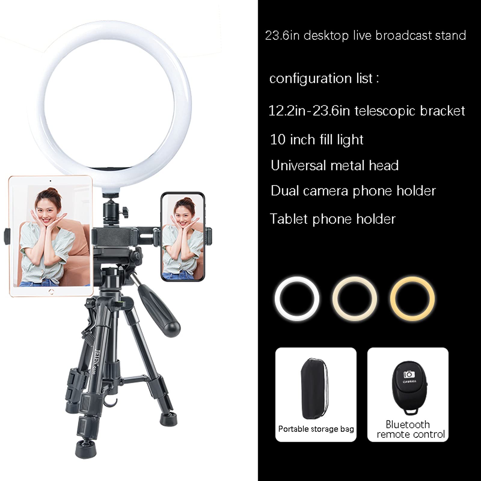 FURUIWUFENG 10-inch Adjustable Phone Stand with Ring Light & Tripod - Dimmable LED Selfie Light for Makeup, Live Streaming, Video Calls - Includes 2 Phone Holders (Black) | Perfect for TikTok, YouTube Videos, Home Office & Beauty Tutorials