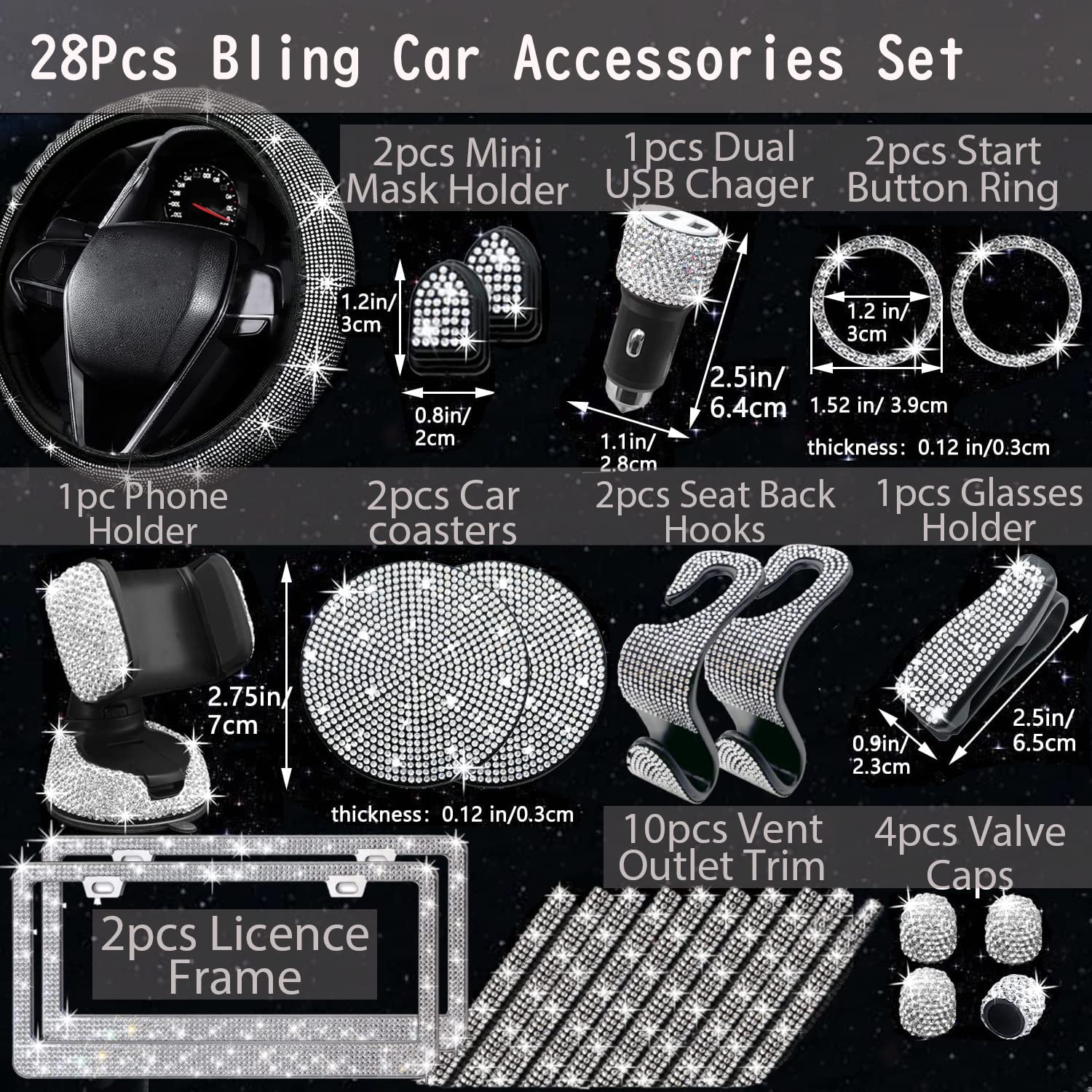 28-Piece Rhinestone Car Accessories Kit with 2 Bling License Plate Frames & 15