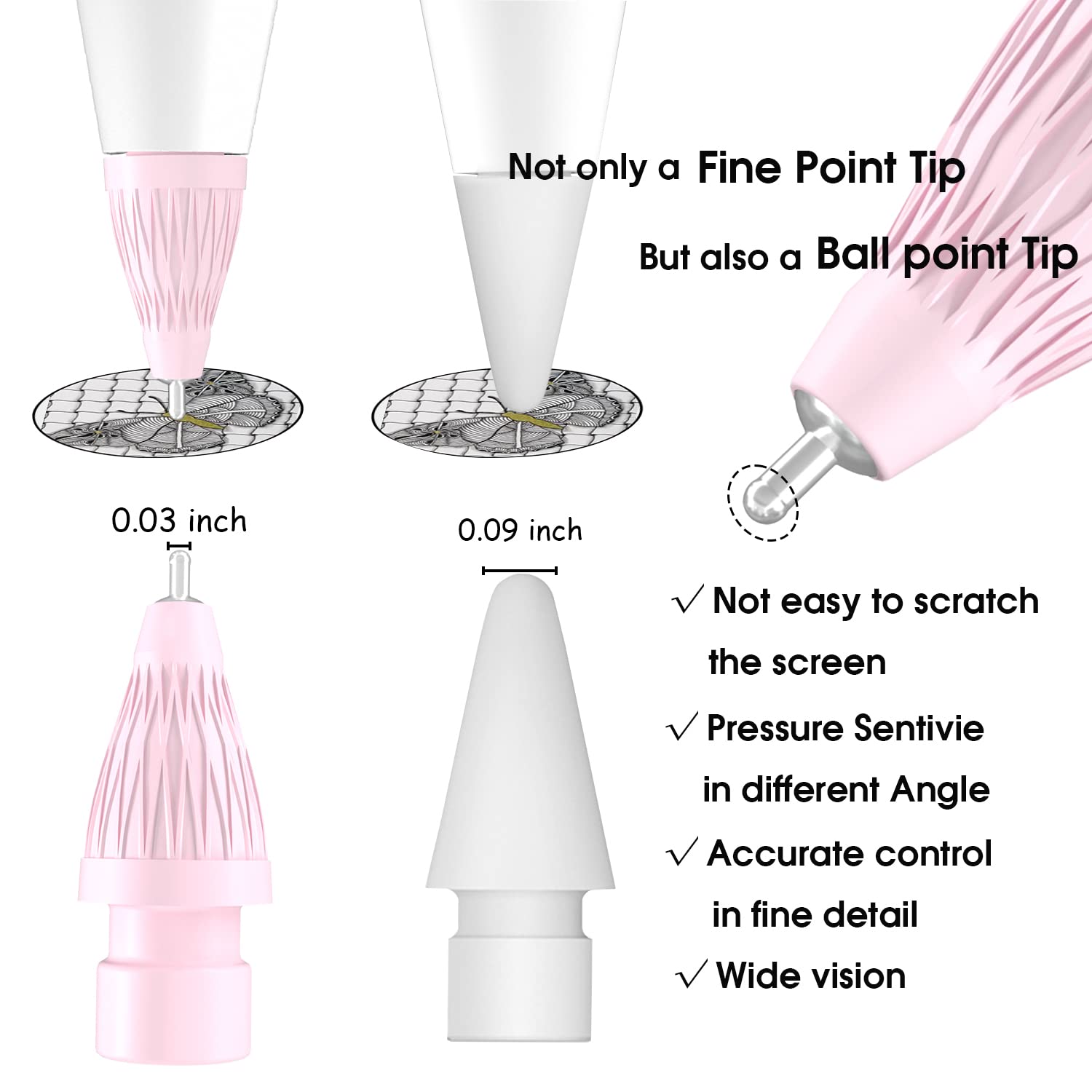 Upgraded Apple Pencil Tips for iPad Pro 1st/2nd Gen - Noiseless Fine Point Nib Covers (Pink) - Perfect for Drawing & Note-Taking