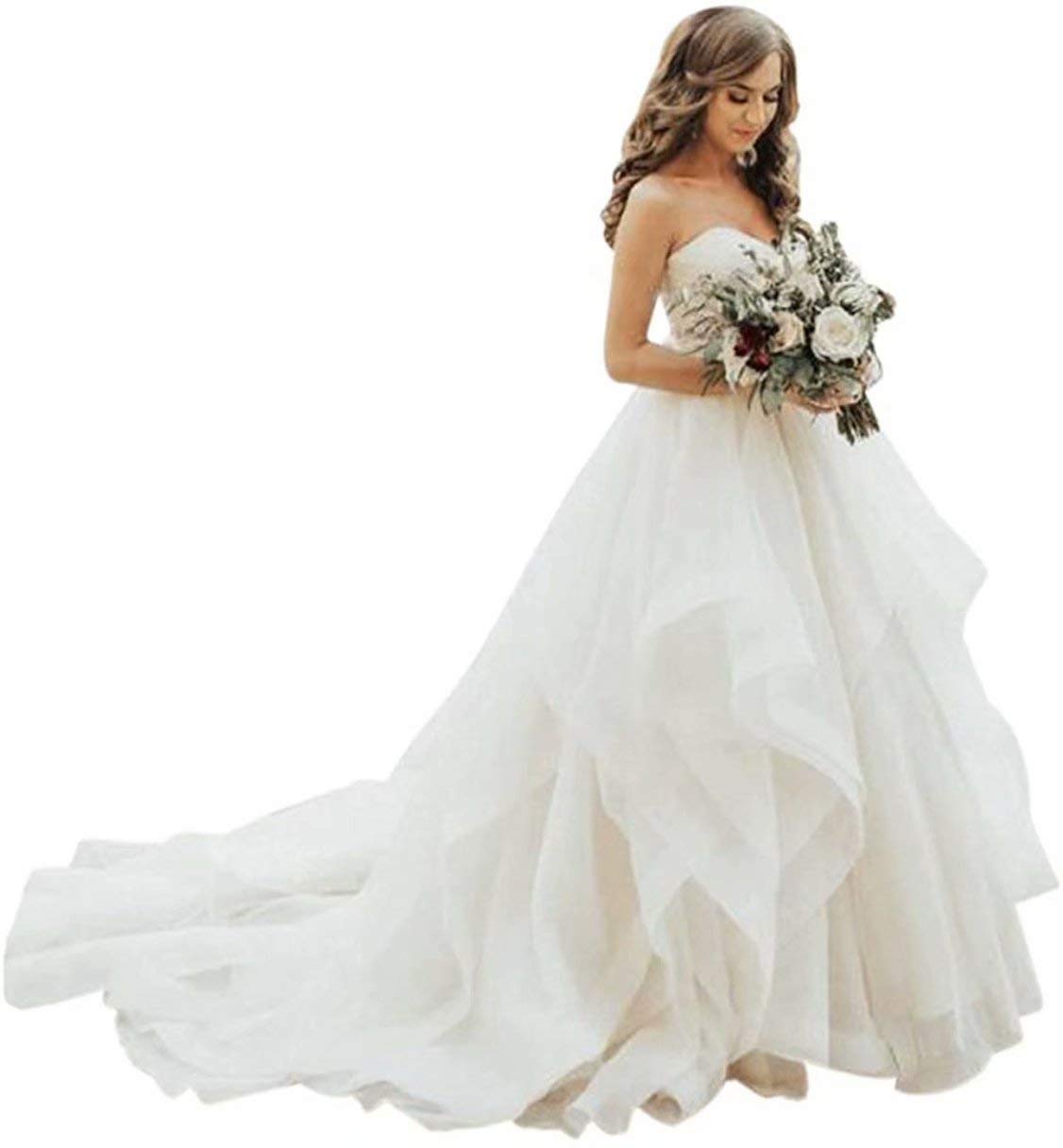 Elegant Strapless Tulle Wedding Dress with Ruffles & Train - Perfect for Beach, Garden & Outdoor Bride Ceremonies