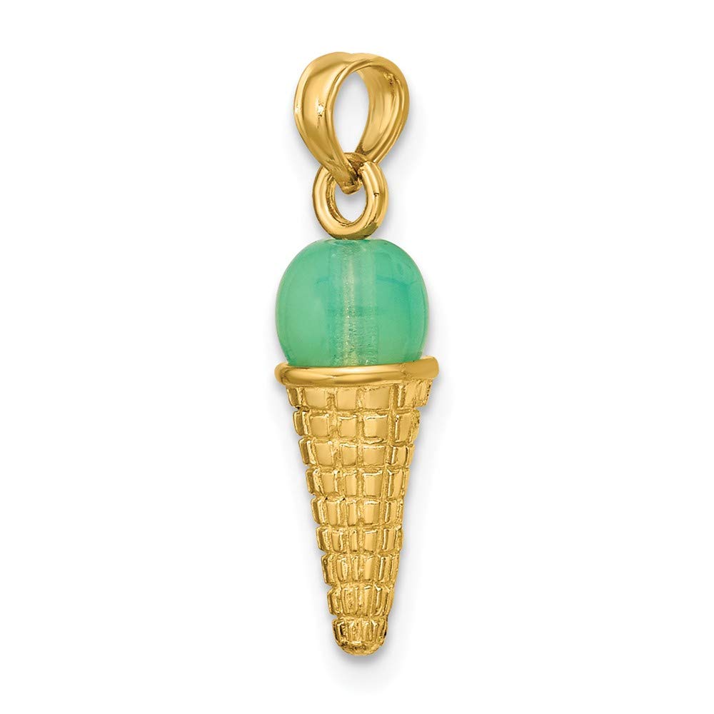 14K Yellow Gold 3D Green Tea Ice Cream Cone Pendant Necklace with Green Bead Charm (0.64 x 0.24 inches) - Unique Kawaii Jewelry Gift for Women, Girls, Teens - Perfect for Birthday, Valentine's Day, Christmas
