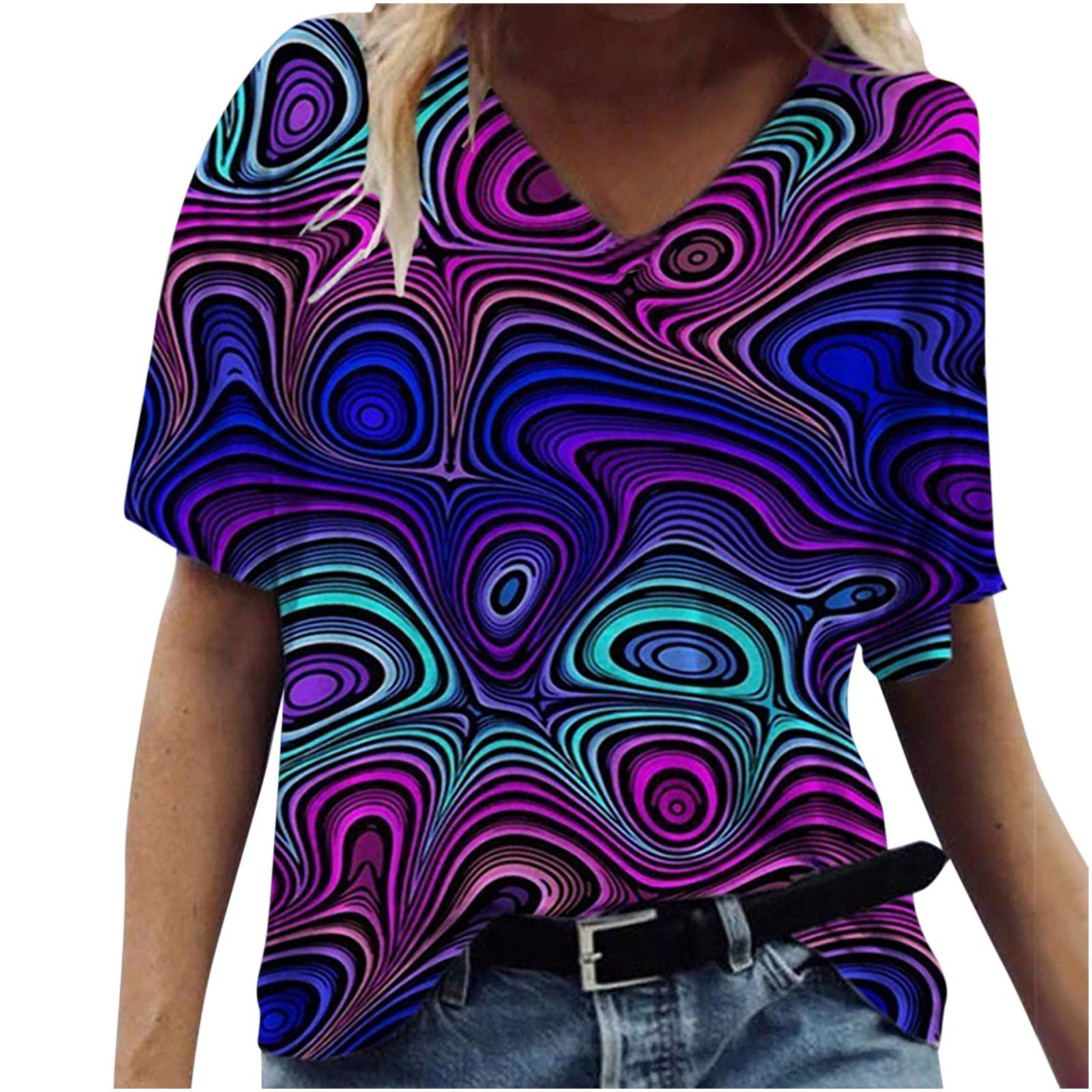 Floral Print V-Neck T-Shirts for Women - Short Sleeve Loose Fit Comfortable Casual Tunic Tops | Perfect for Summer Outfits, Beach Wear & Everyday Fashion