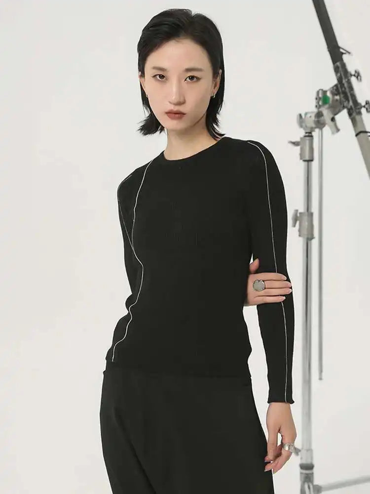 Black Slim Knit Sweater for Women - Round Neck Long Sleeve Pullover | Fashion Block Design for Spring & Autumn 2025 (Style 1DH2083) | Perfect for Office Wear, Casual Outings & Date Nights