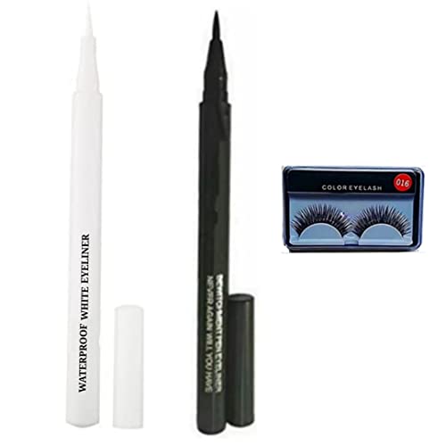 Huda Beauty Long Lasting Waterproof White & Black Eyeliner Pen with False Eyelashes Set of 3 - Perfect for Dramatic Eye Makeup Looks, Parties & Special Occasions