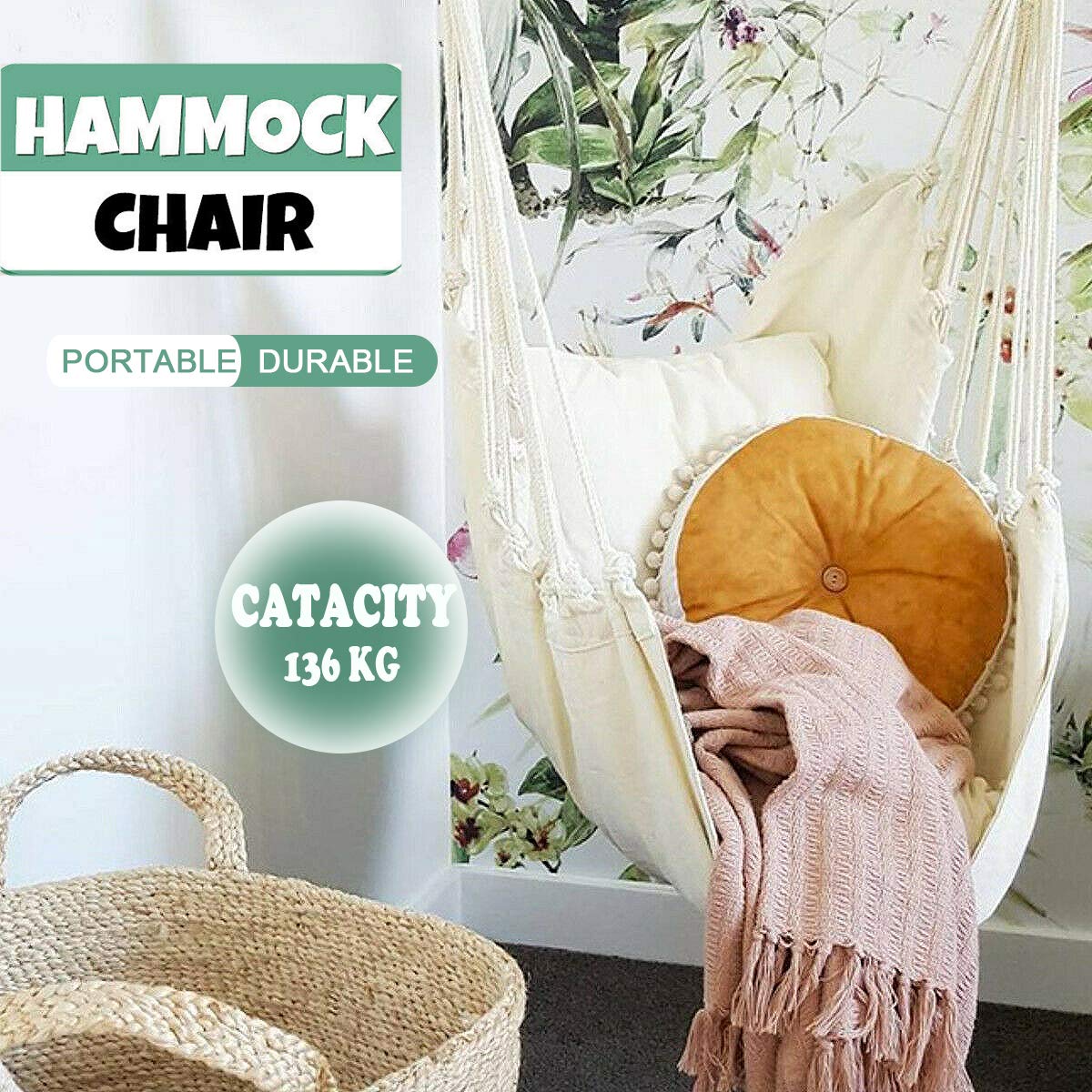 Sturdy Cotton Weave Hammock Chair Swing - Indoor/Outdoor Hanging Rope Seat Supports 300Lbs (Beige) | Perfect for Porch, Patio, Garden & Bedroom Relaxation (Pole & Pillows Not Included)