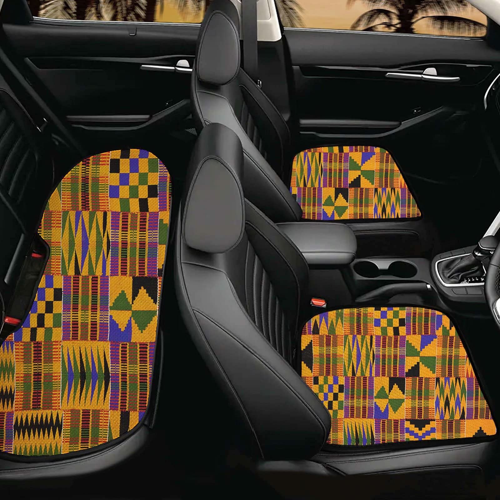 SEANATIVE Vintage African Kente Car Seat Cushion Set - Breathable Car Chair Protector with Storage Pocket, Ethnic Tribal Design for Women - Perfect for Road Trips, Commuting & Car Decor