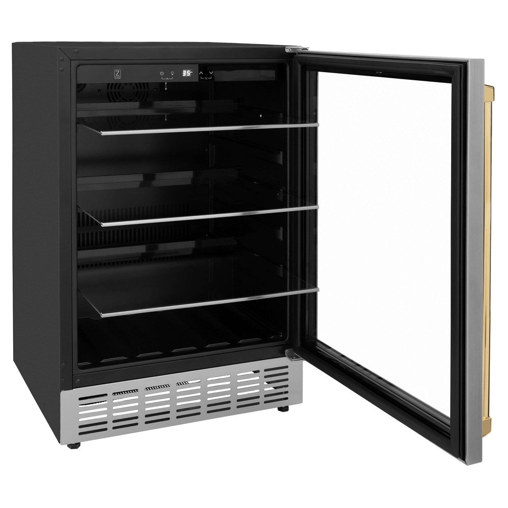 ZLINE Autograph Edition 24 Inch Stainless Steel Beverage Cooler with Polished Gold Accents - 154 Can Capacity (RBVZ US 24 G) | Perfect for Home Bars, Man Caves, and Entertaining Guests