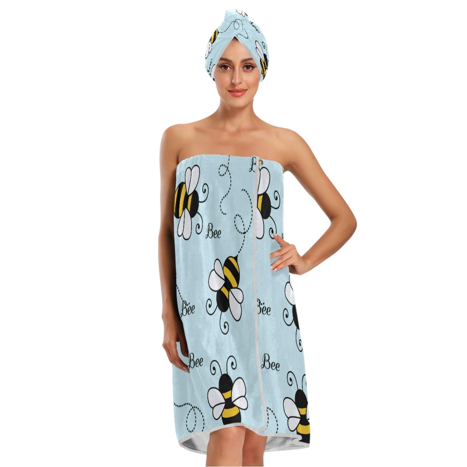 Qilmy Cute Bee Women's Bath Wrap Towel - Soft Wearable Spa Shower Robe with Dry Hair Cap & Headband - Perfect for Gym, Sauna, Beach & Home Relaxation