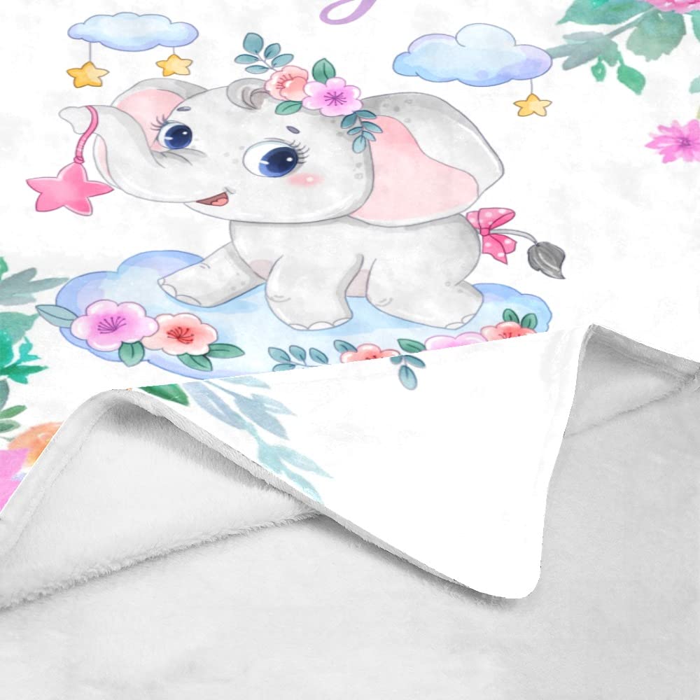Personalized Kids Fleece Blanket with Name - Custom Animal Elephant & Flowers Design - Soft Baby Throw Blanket for Bed, Couch & Nursery (30