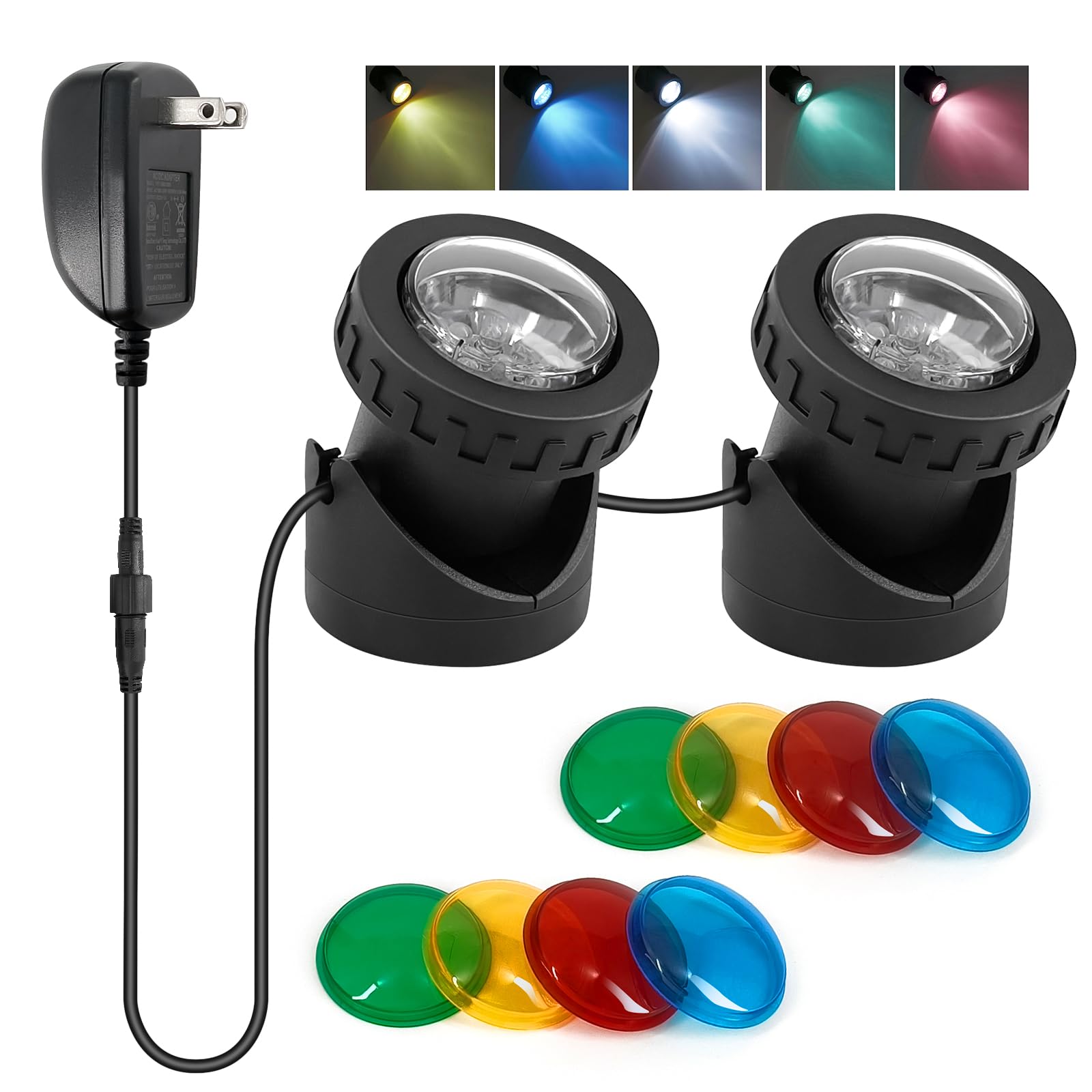Colored LED Fountain Lights - Waterproof Submersible Underwater Pond Lights with Color Lenses for Outdoor Waterfalls, Fish Tanks, Garden Pools & Landscape Lighting (2-Pack) - Perfect for Backyard Decor, Pool Parties & Nighttime Ambiance